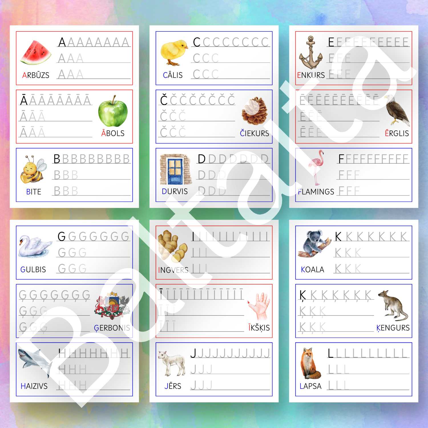 Darba lapas par drukātajiem burtiem uzdevumi drukāto burtu rakstīšanai ar krāsainiem attēliem