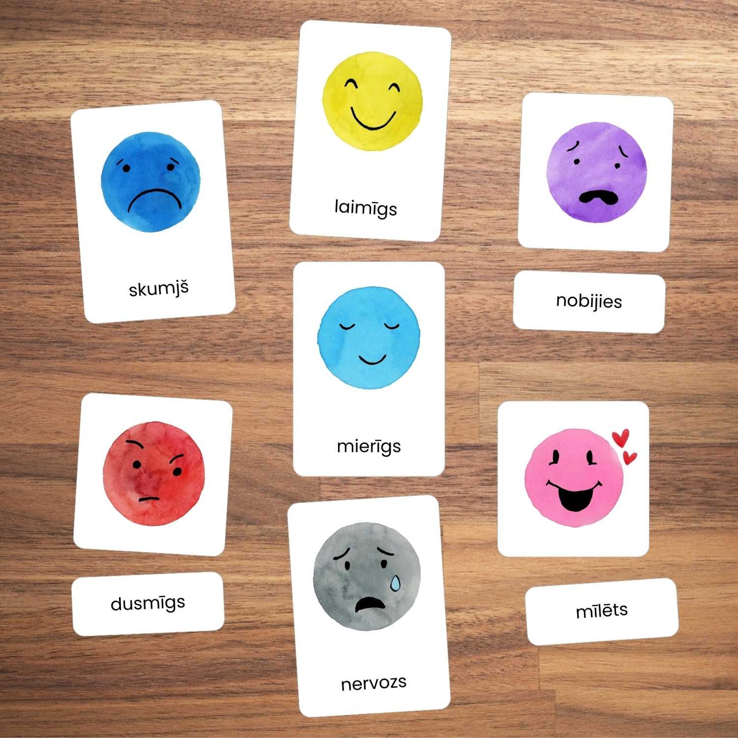 Emocijas un sajūtas kartītes krāsainas emociju kartītes baltaita