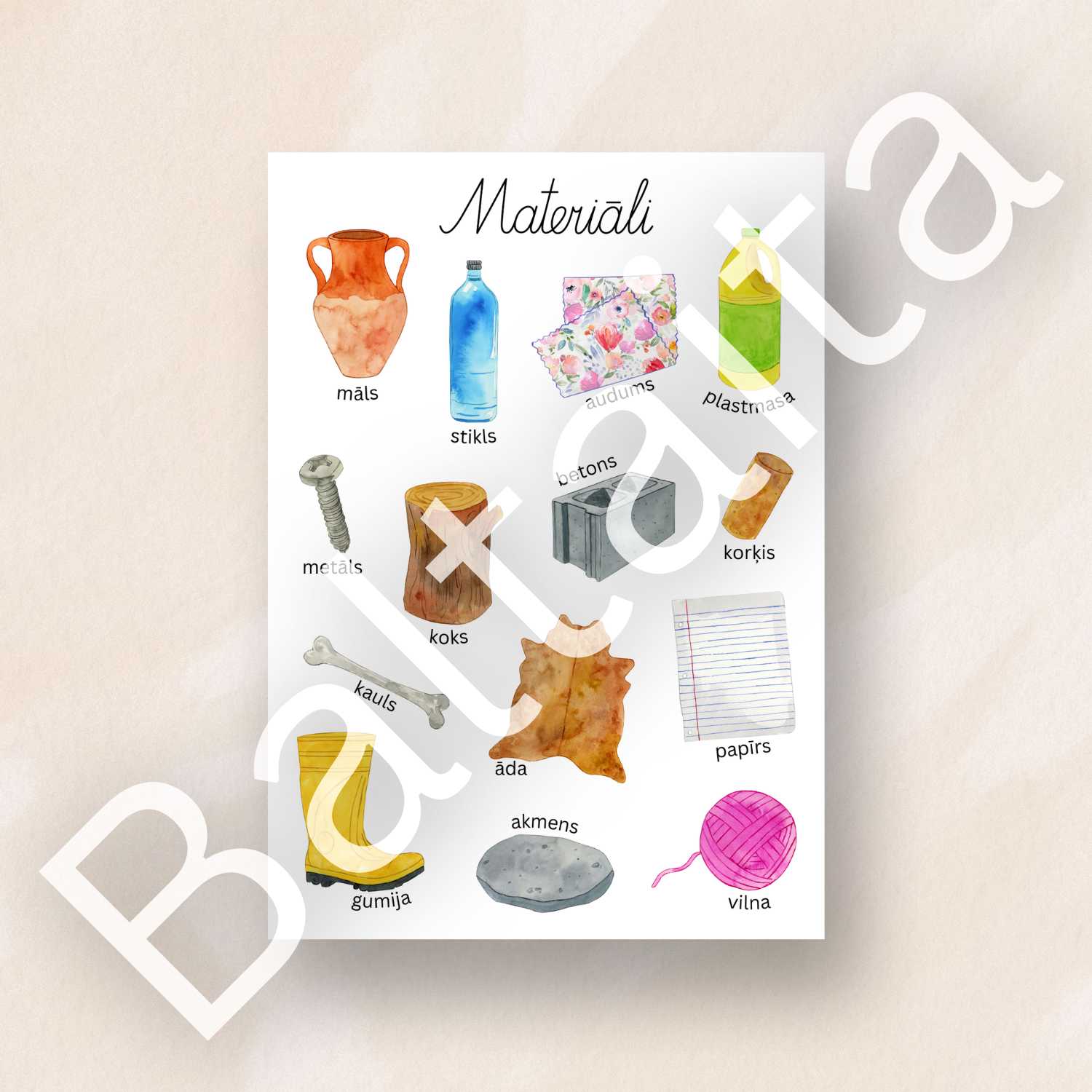Krāsains plakāts par materiāliem baltaita dažādi materiāli krāsaini attēli
