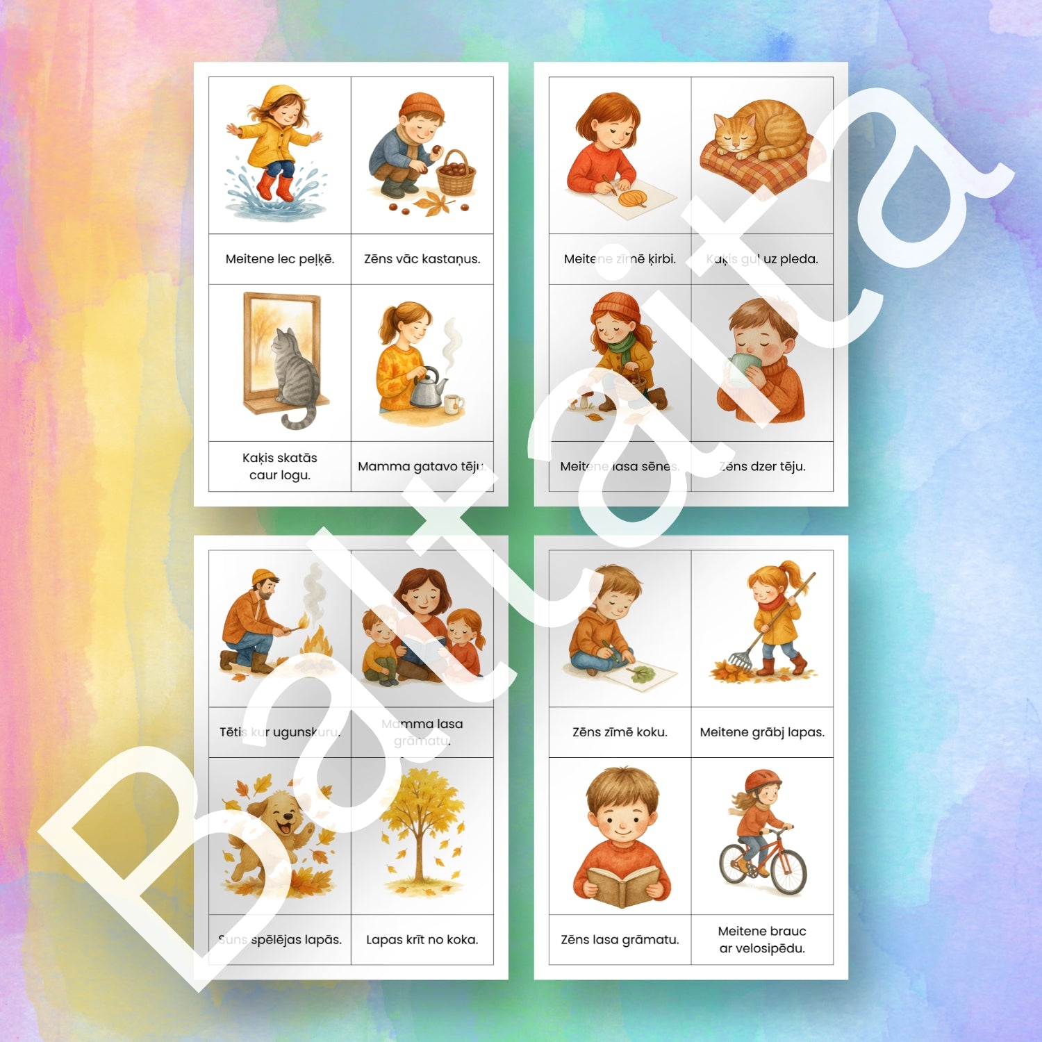 Lasīšanas kartītes - īsi teikumi, rudens īsi teikumi lasīšanai mācību materiāls baltaita