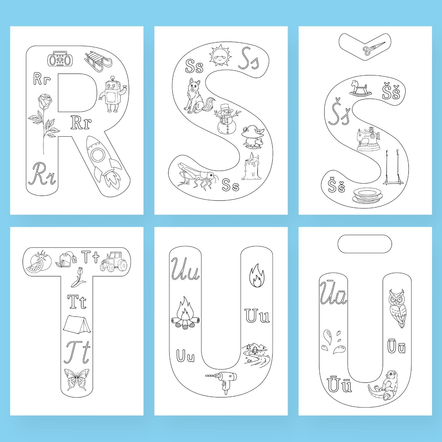 Latviešu valodas alfabēta krāsojamās lapas