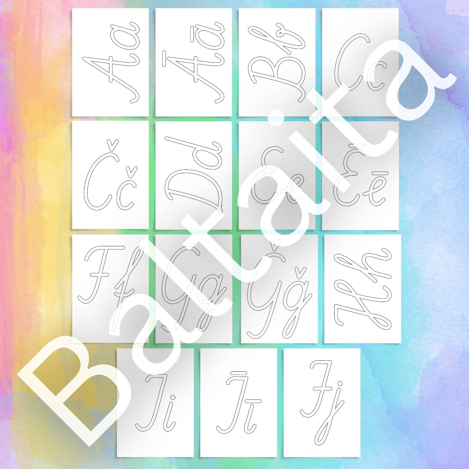 Latviešu rakstīto burtu alfabēts mācību materiāls baltaita