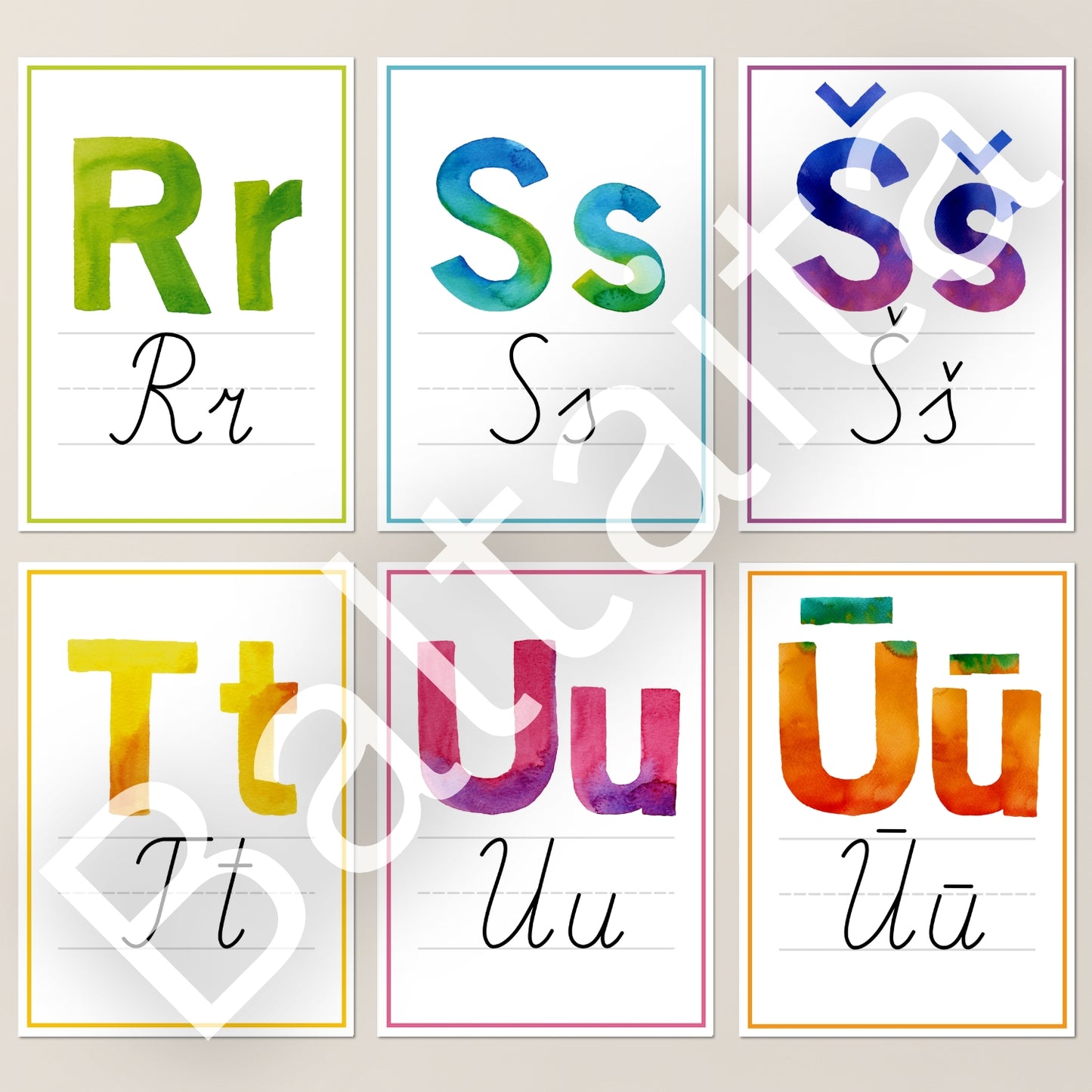 Latviešu valodas rakstītie burti baltaita dekors telpai krāsaini plakāti baltaita