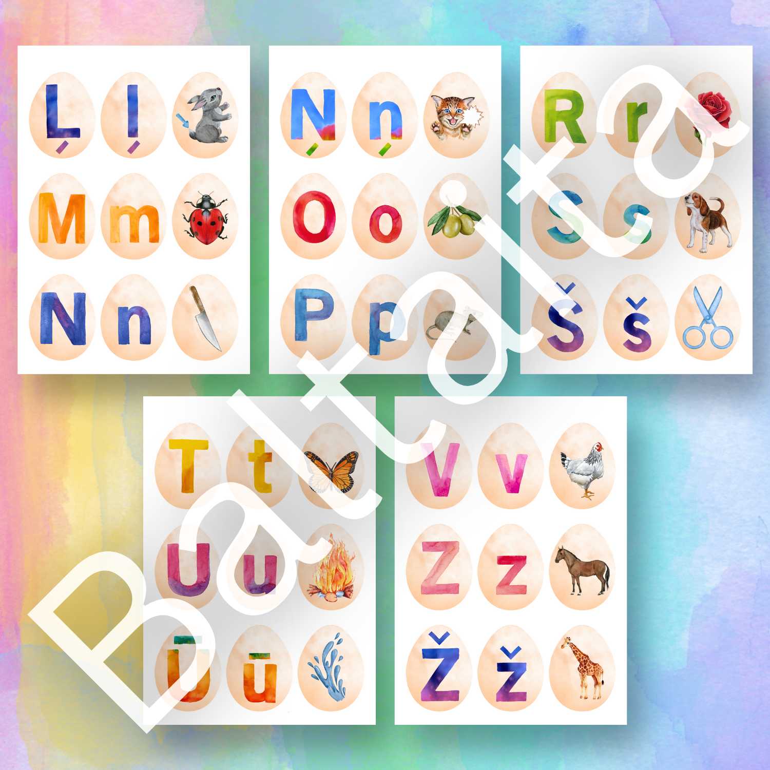 Lieldienu alfabēta spēle olas ar attēliem un alfabēta burtiem baltaita