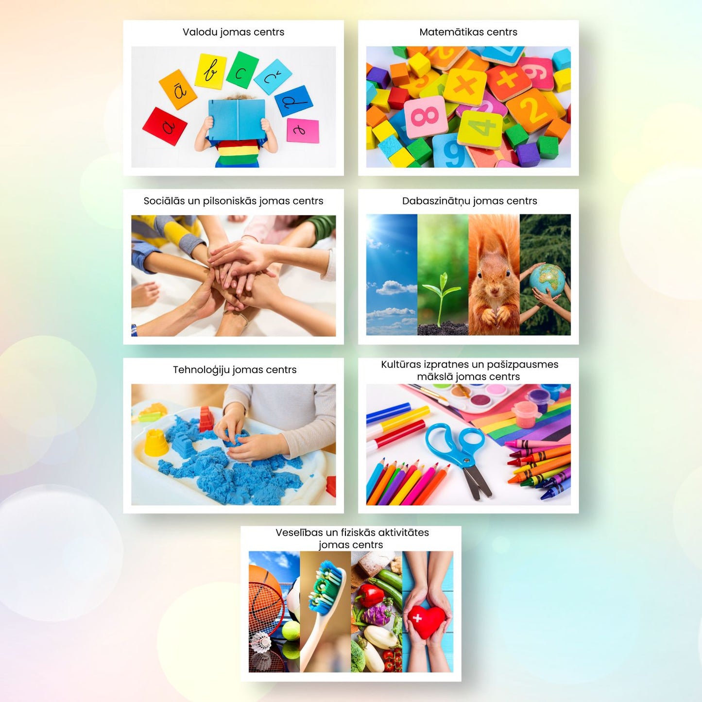 Pirmsskolas mācību jomas centri plakāti krāsaini attēli balts fons