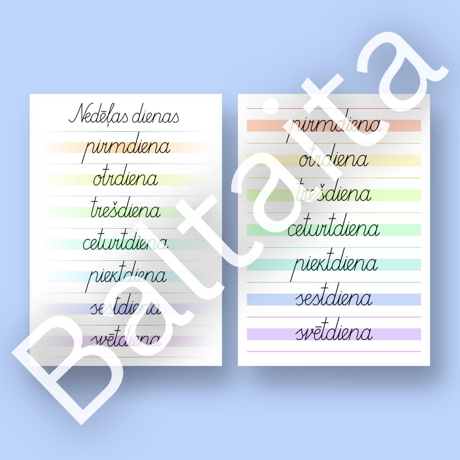 Plakāts ar nedēļas dienu nosaukumiem ar rakstītajiem burtiem baltaita