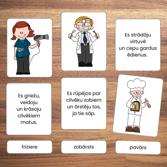 Profesiju kartītes ar aprakstiem un nosaukumiem baltaita