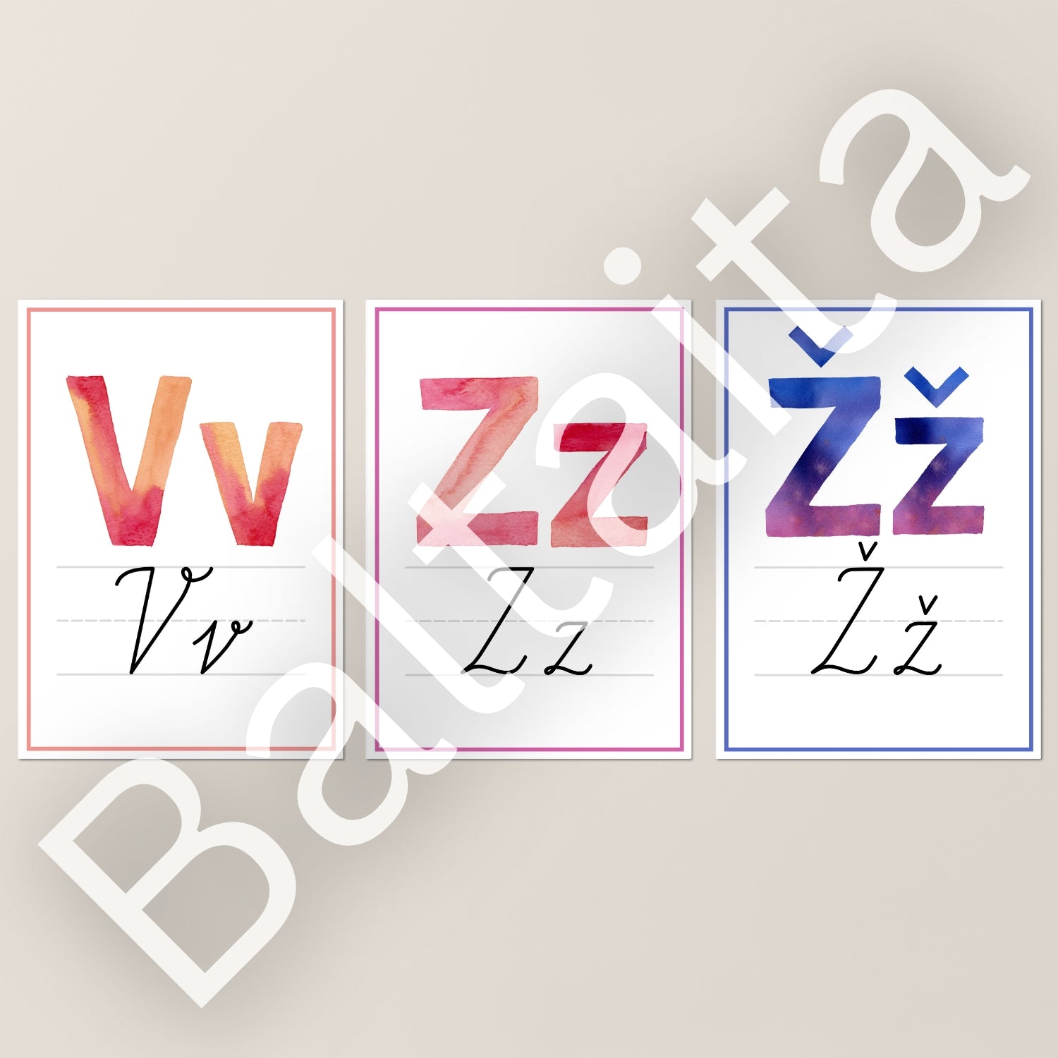 Rakstītie burti krāsaini plakāti dekors bērnudārzam sākumskolai baltaita