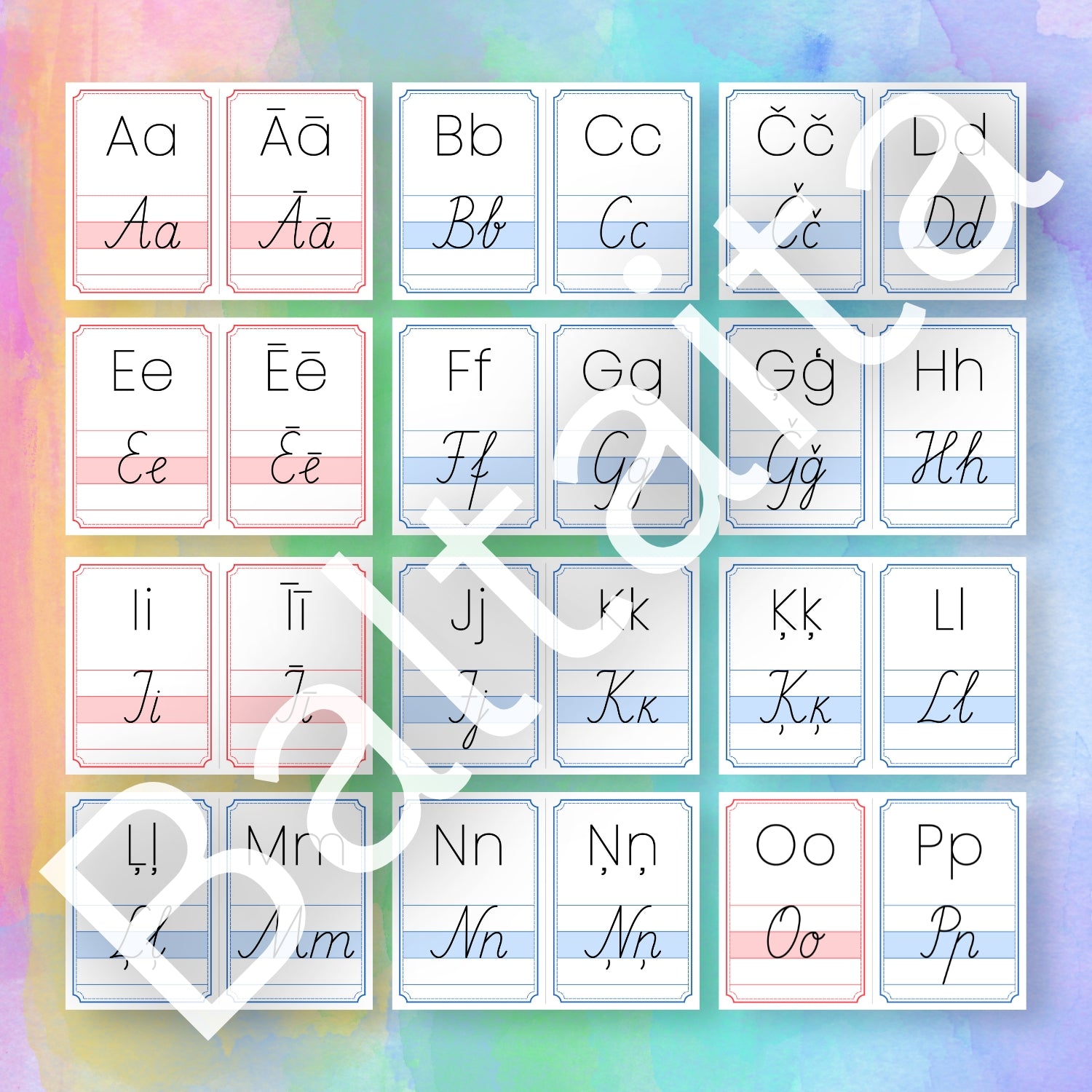 Rakstīto alfabēta burtu plakāti krāsaini plakāti ar rakstītajiem burtiem baltaita