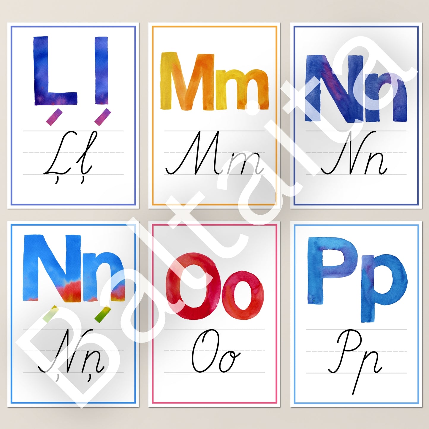 Rakstīto burtu alfabēts plakāti bērnudārzam baltaita