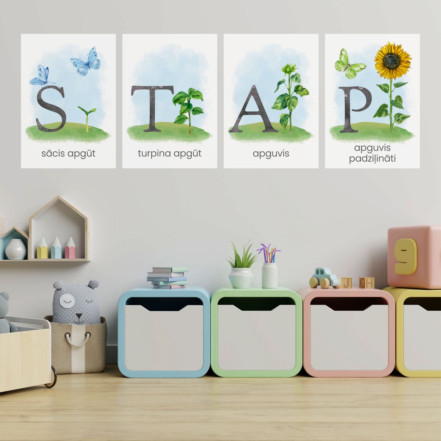 STAP plakāti saulespuķe sākumskola klases dekors baltaita