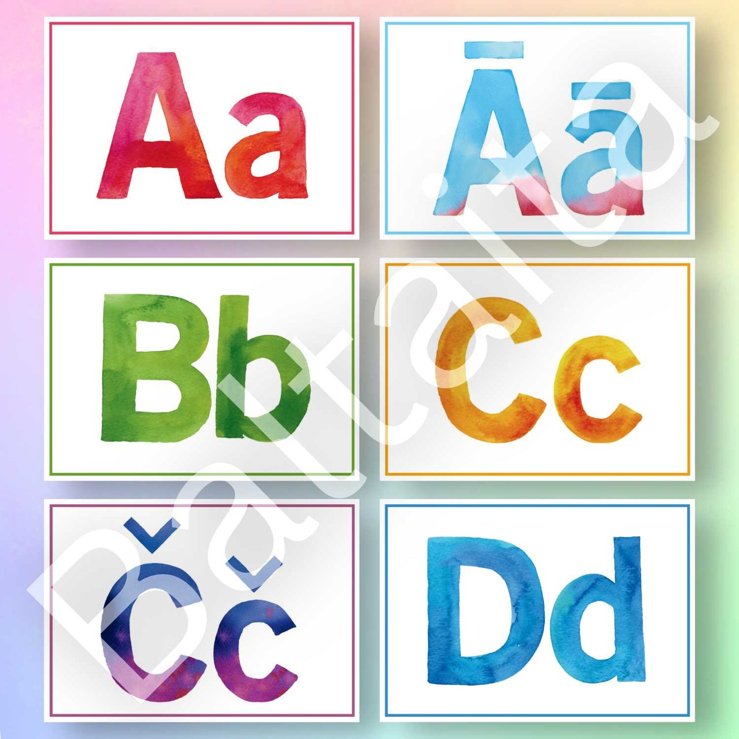 alfabēta burtu plakāti ar krāsainiem burtiem