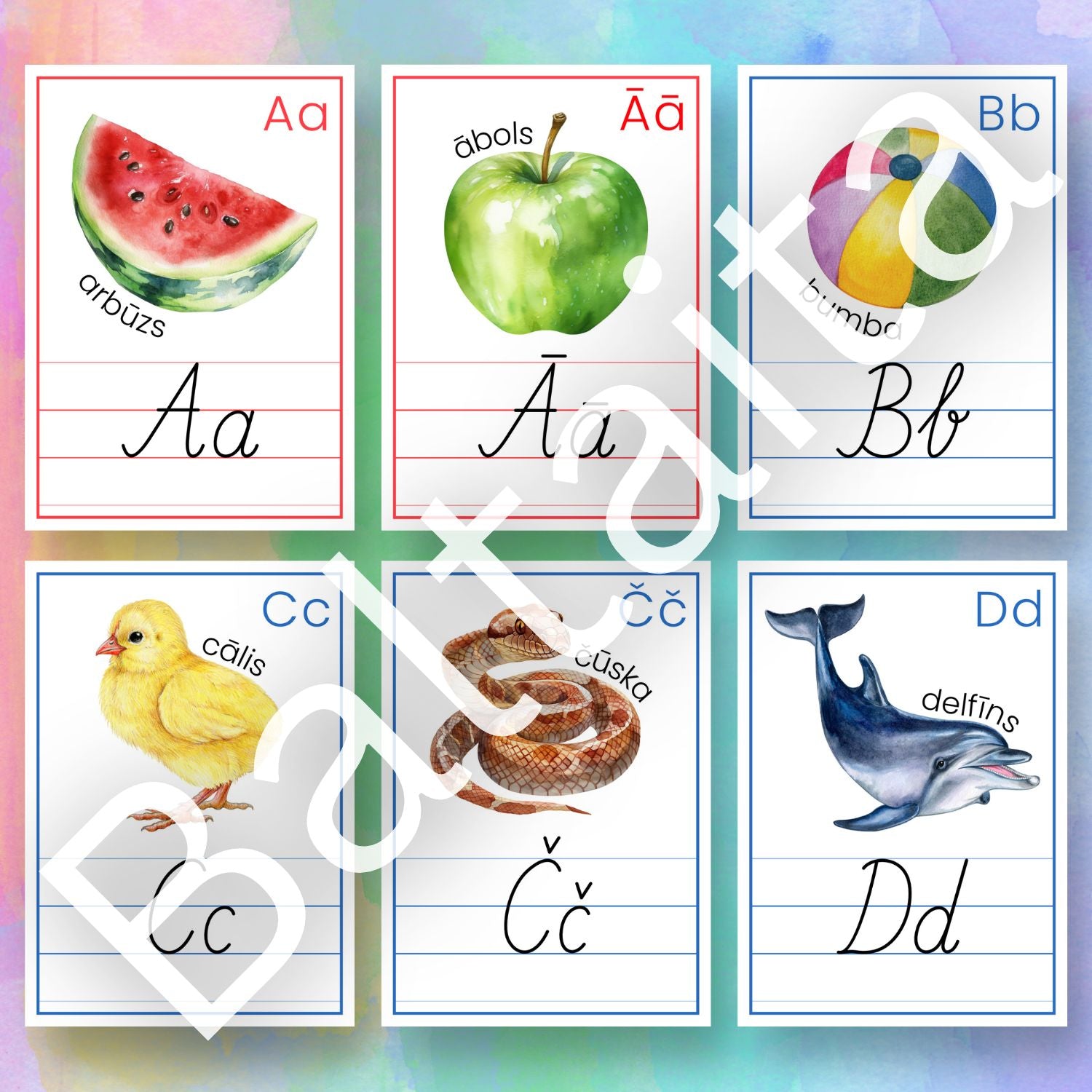 alfabēta plakāti krāsaini plakāti ar latviešu alfabēta burtiem baltaita.lv