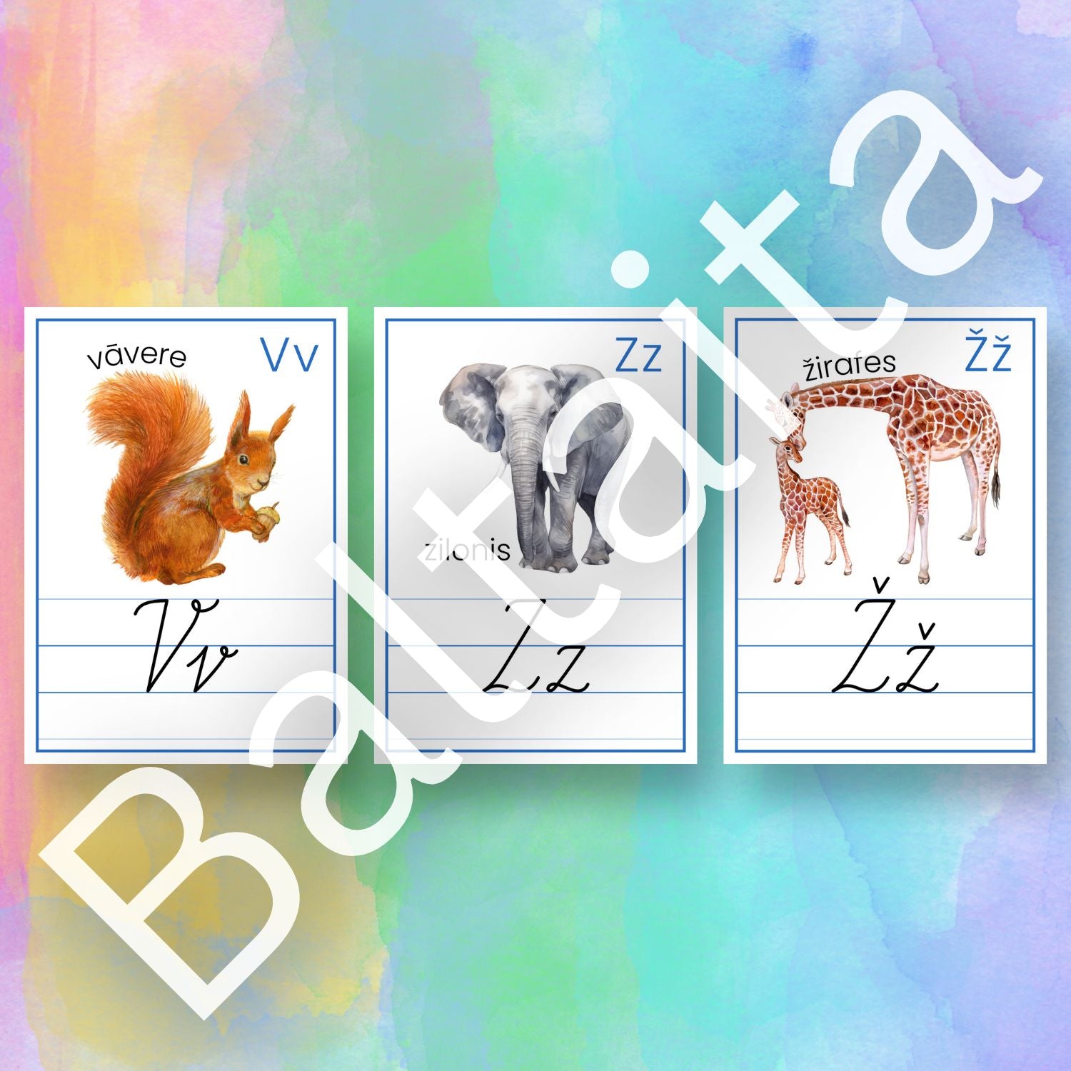 alfabēta plakāti mācību materiāls plakāti ar burtiem krāsainiem attēliem baltaita