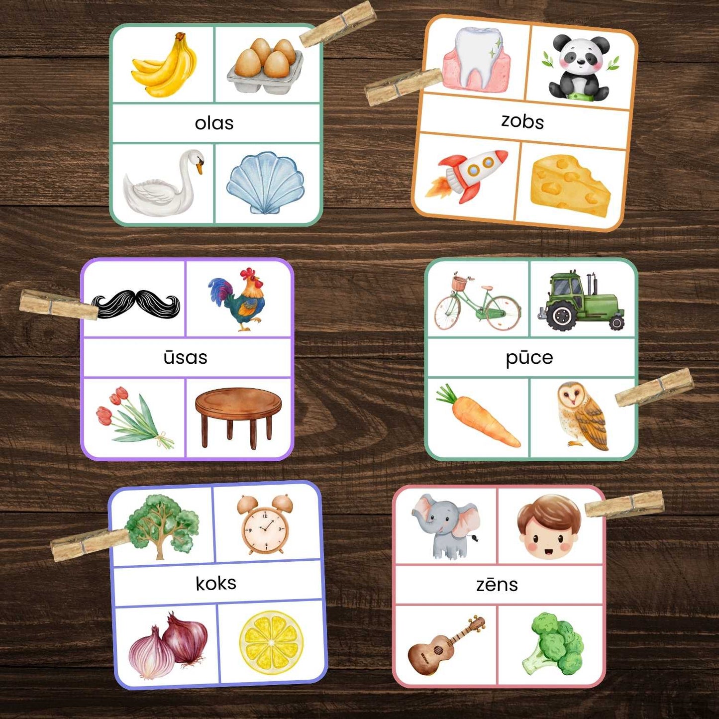 četru burtu vārdu kartītes lasīšanai baltaita krāsainas kartītes