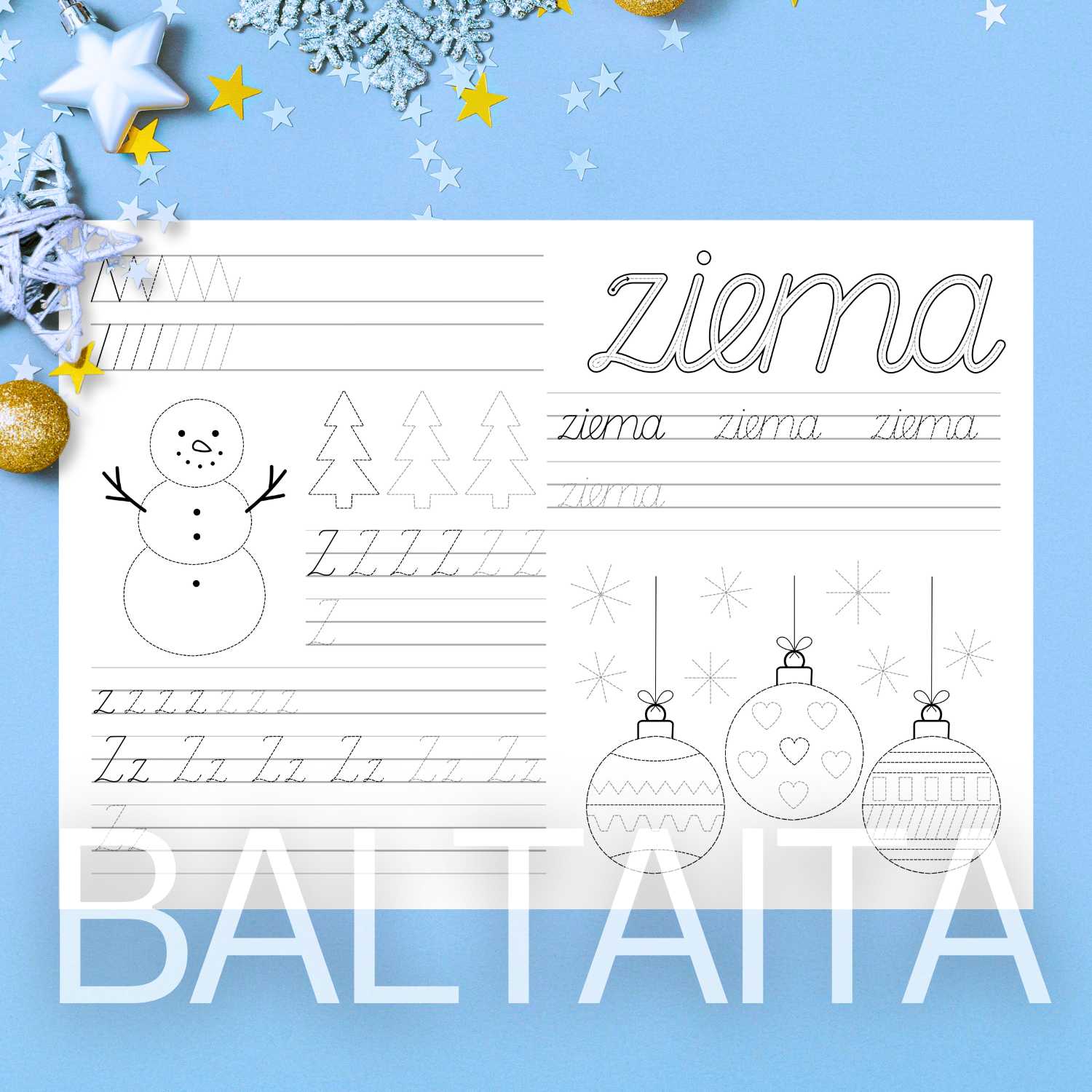 darba lapa rakstīšanai ziemas tematikā baltaita