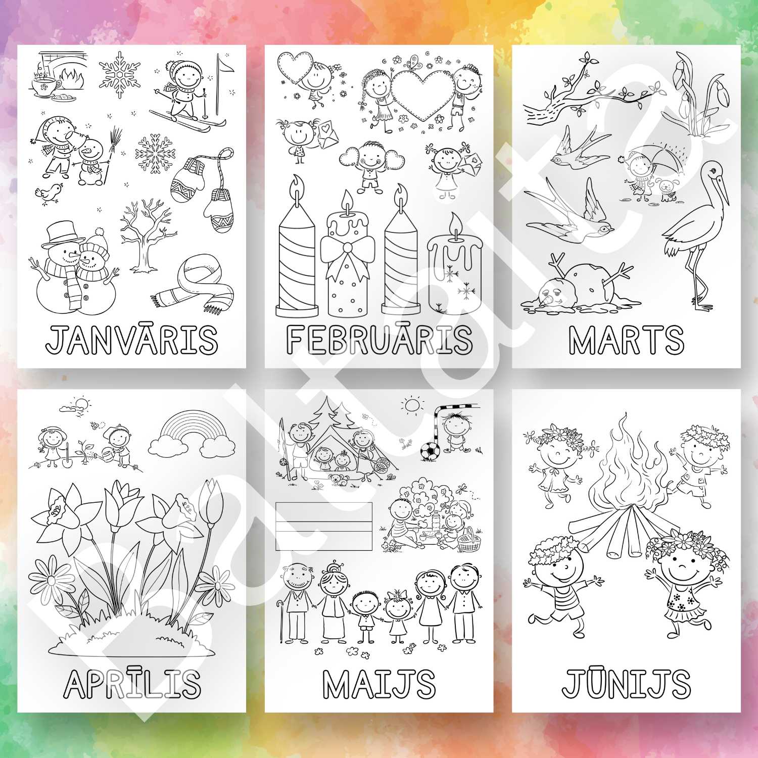 darba lapas krāsošanai par gada mēnešiem baltaita