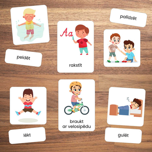 darbības vārdu kartītes krāsainas viendaļīgas un divdaļīgas kartītes baltaita