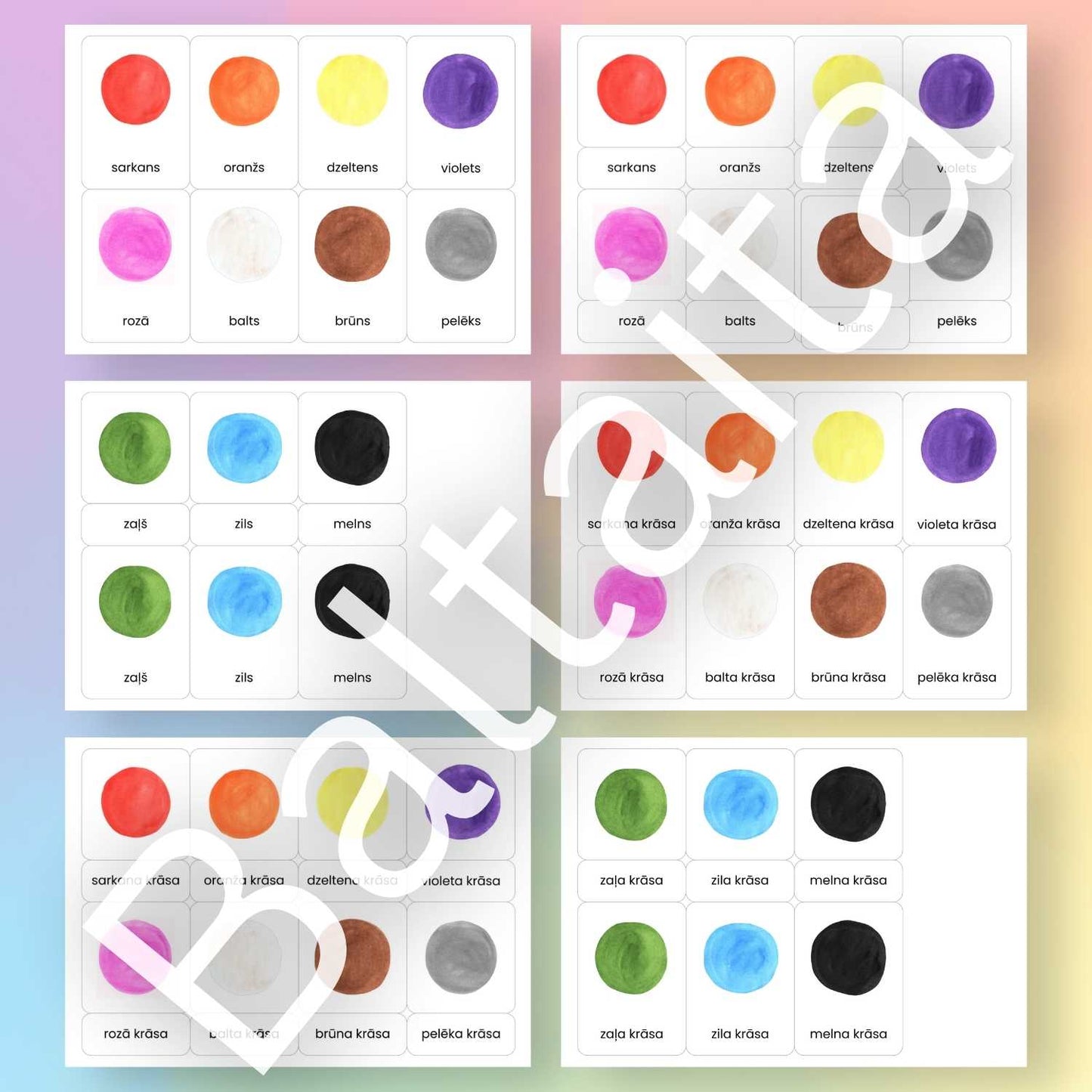 dažādas krāsas kartītes krāsu iepazīšanai krāsas baltaita