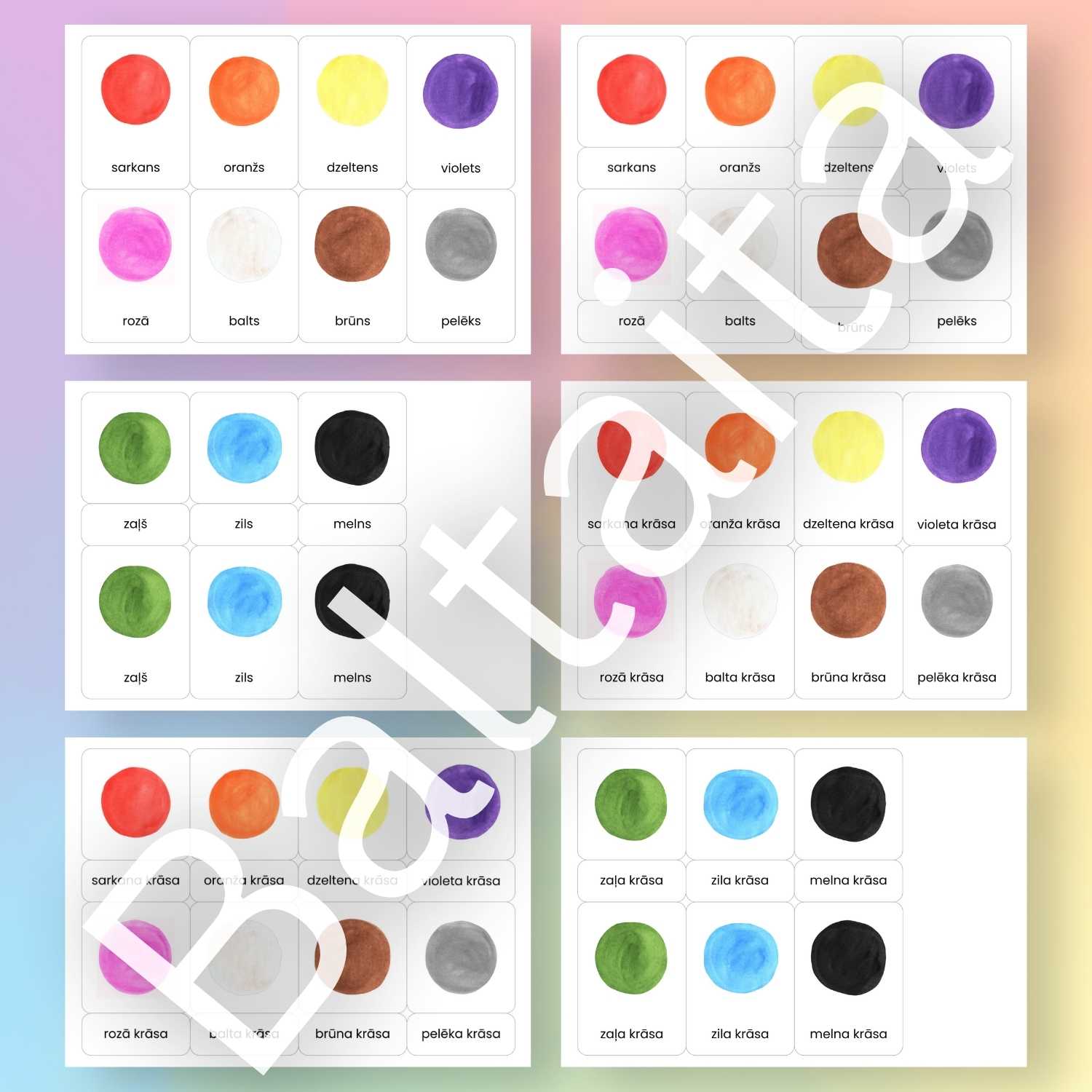 dažādas krāsas kartītes krāsu iepazīšanai krāsas baltaita