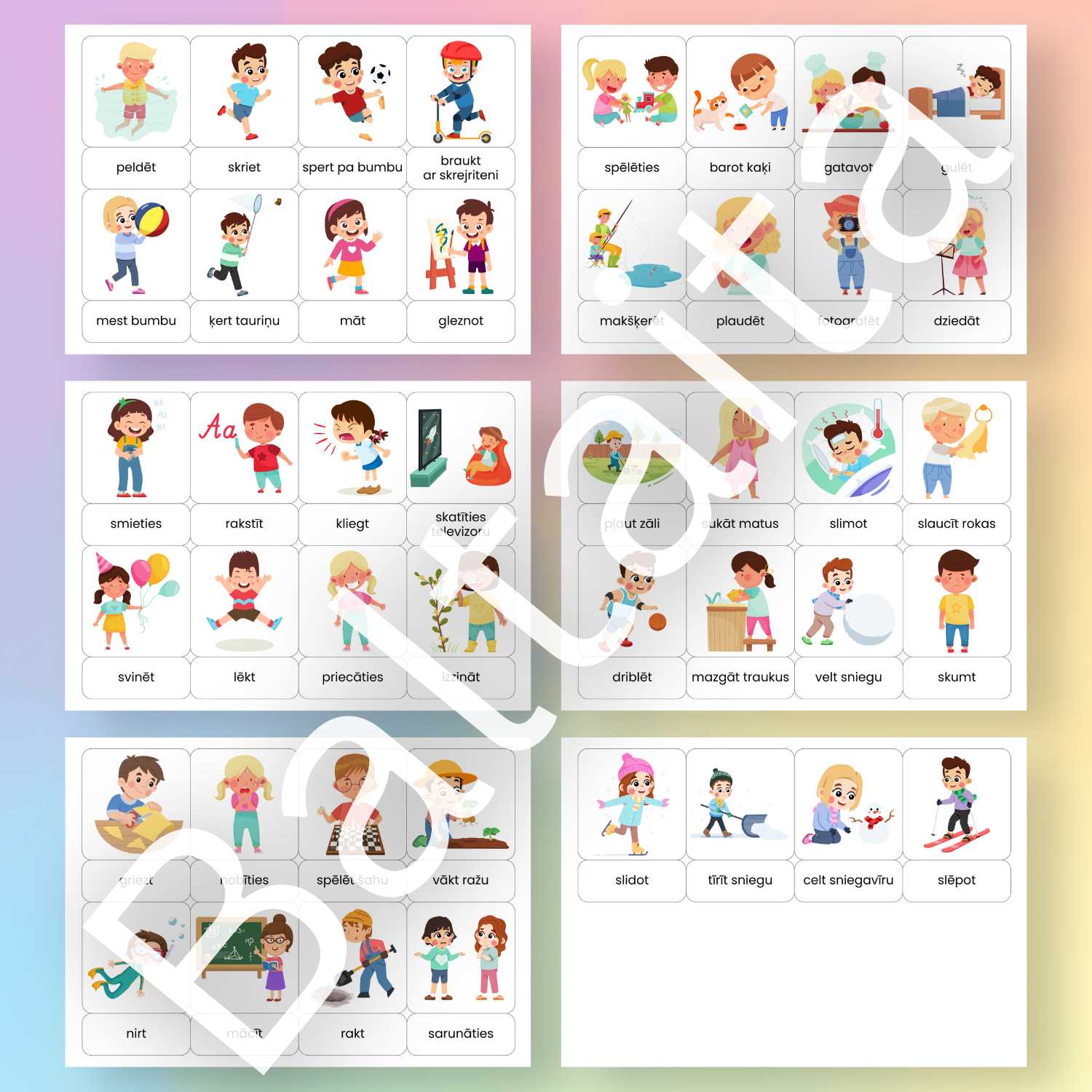 divdaļīgas kartītes ar darbības vārdiem un to attēliem baltaita