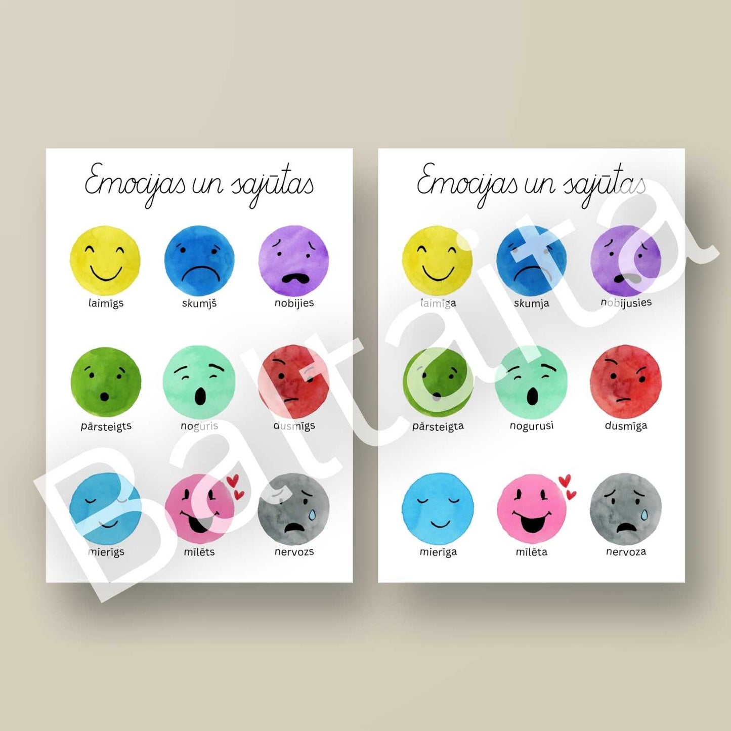 divi varianti emocijas un sajūtas plakāti krāsaini plakāti baltaita