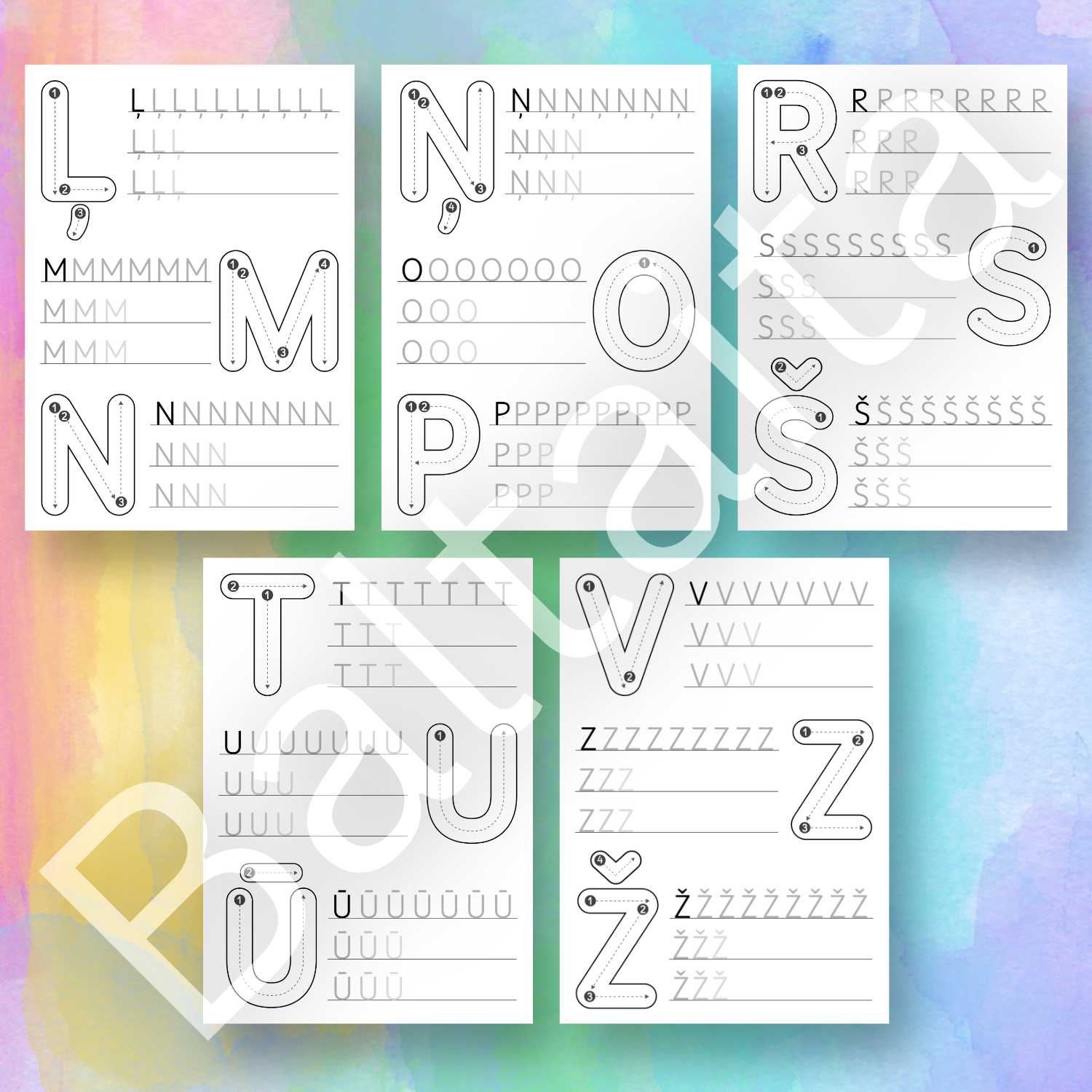 drukātie burti darba lapas rakstīšana pārvilkšana baltaita