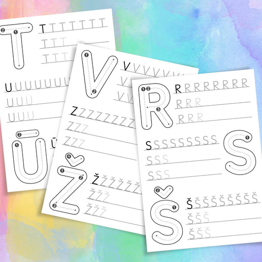 drukāto burtu darba lapas burtu pārvilkšanai baltaita