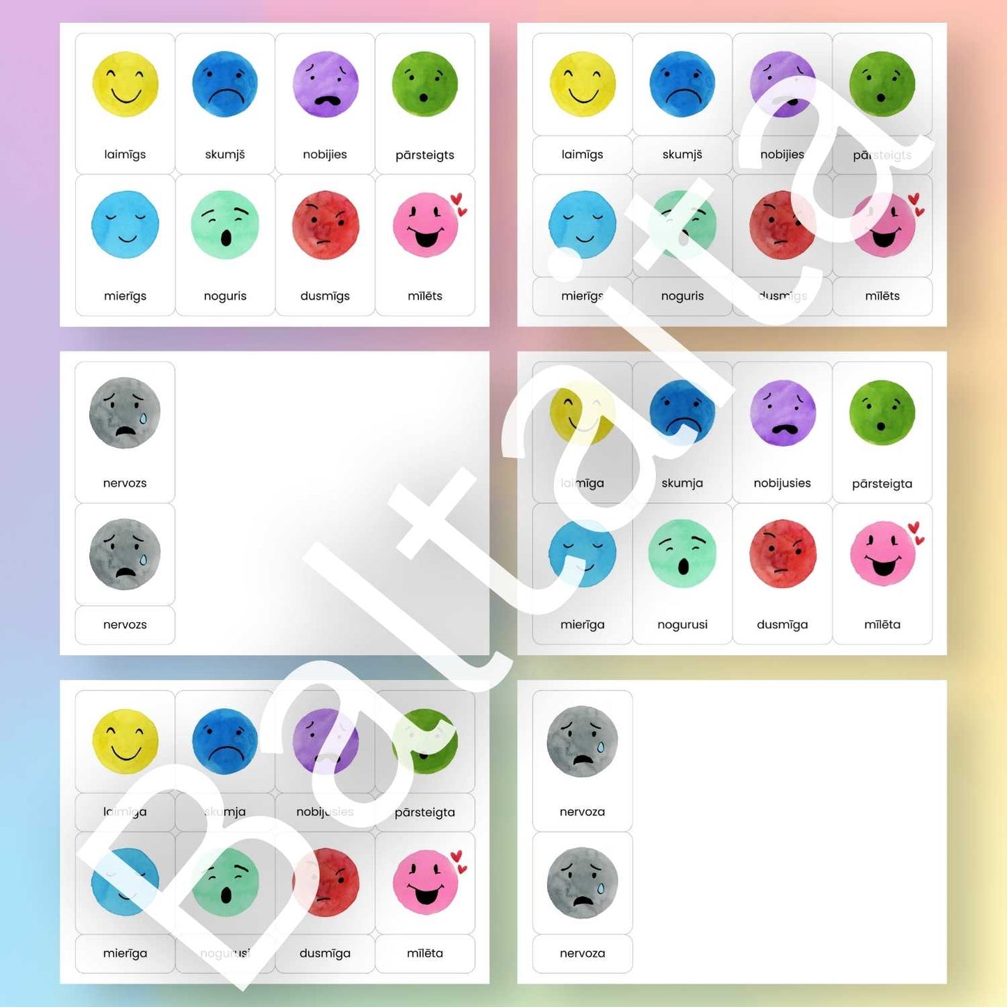 emocijas un sajūtas krāsainas rādāmās kartītes baltaita