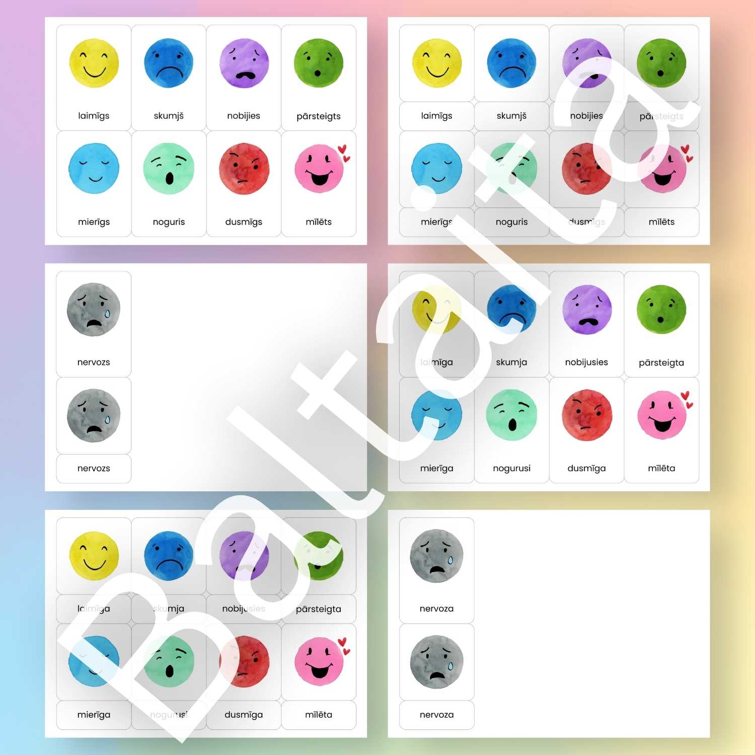 emocijas un sajūtas krāsainas rādāmās kartītes baltaita