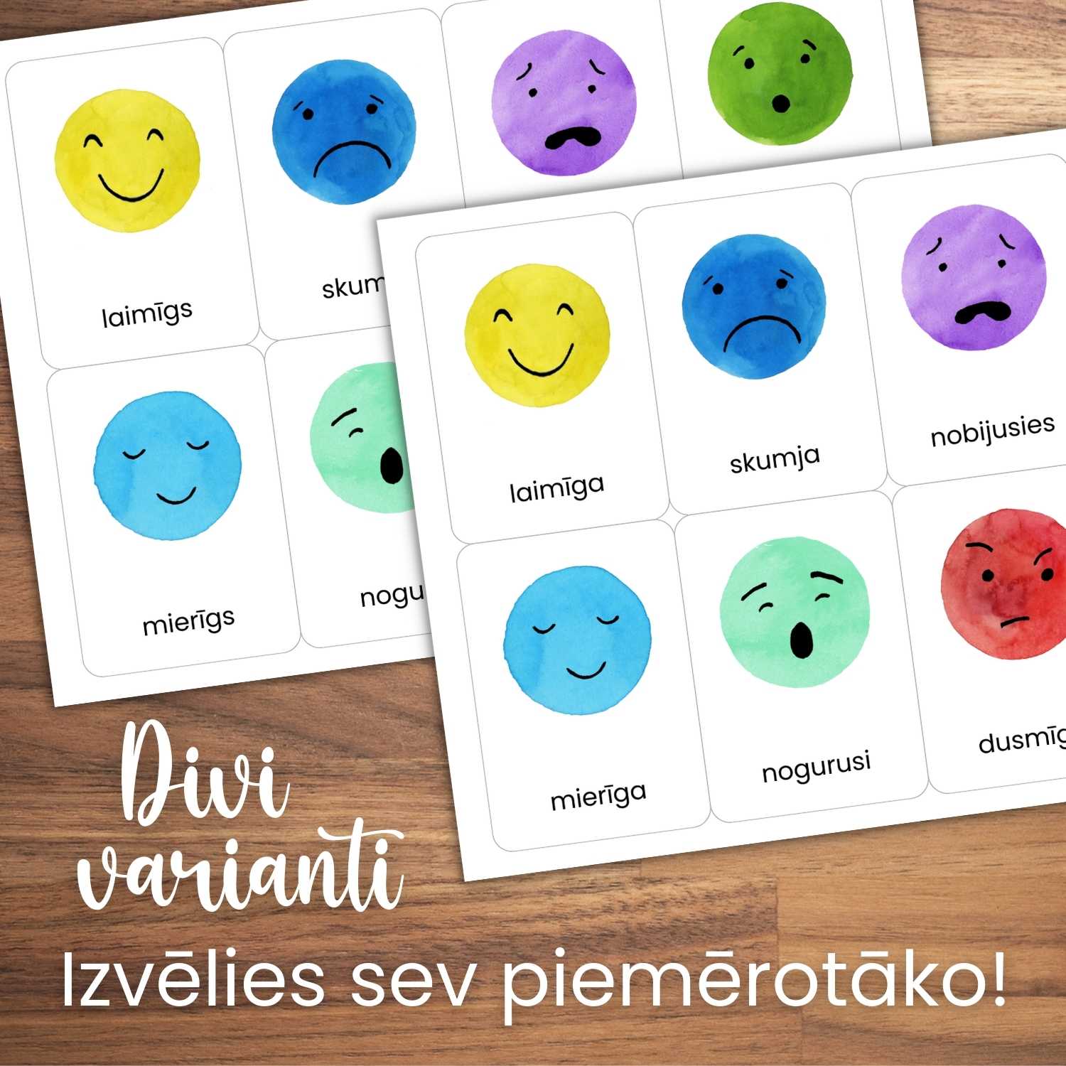 emociju kartītes krāsainas kartītes ar emociju nosaukumiem vīriešu dzimtē un sieviešu dzimtē baltaita