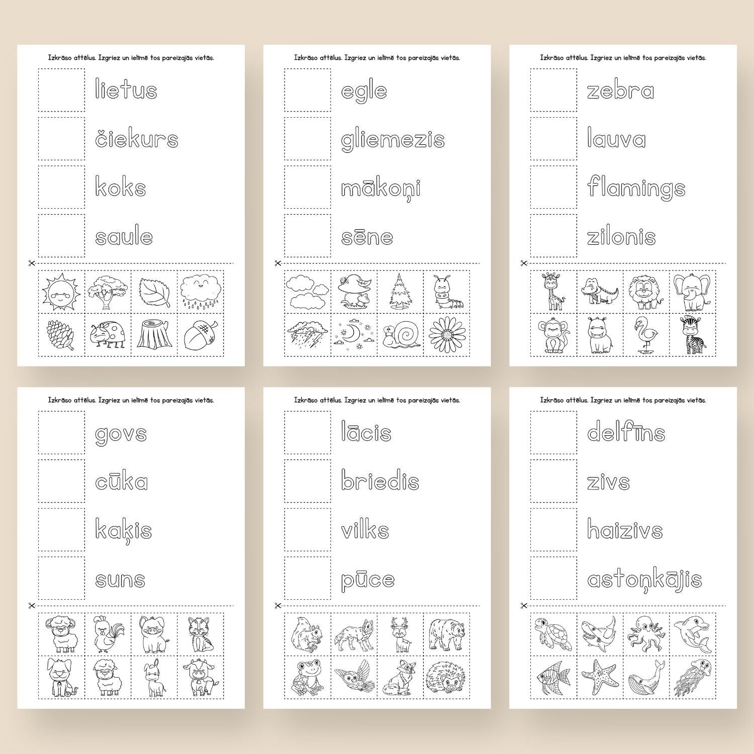 griešanas uzdevums darba lapas izgriez un ielīmē
