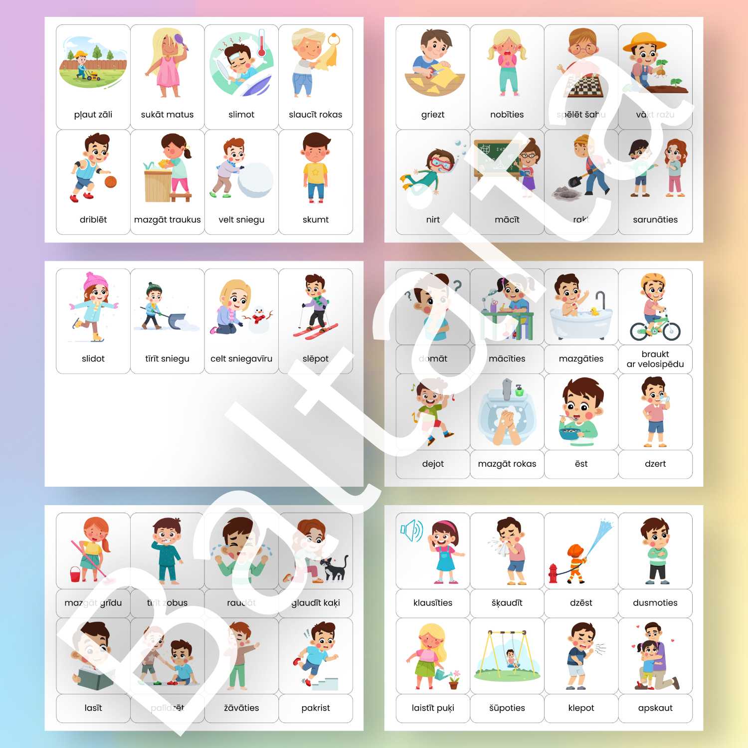 kartītes ar darbības vārdiem darbības vārdu attēli un nosaukumi baltaita