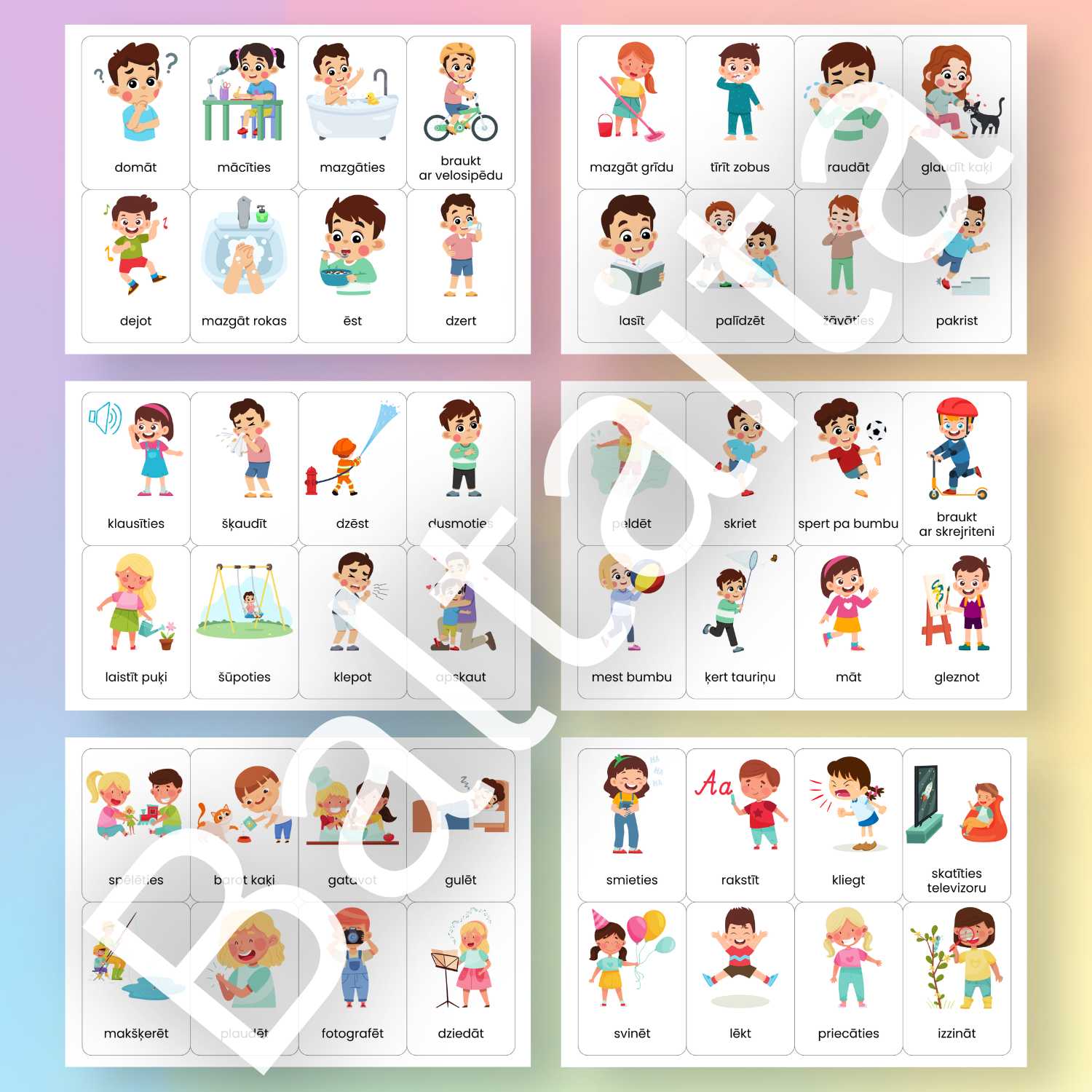 kartītes ar darbības vārdiem un attēliem krāsainas viendaļīgas kartītes baltaita