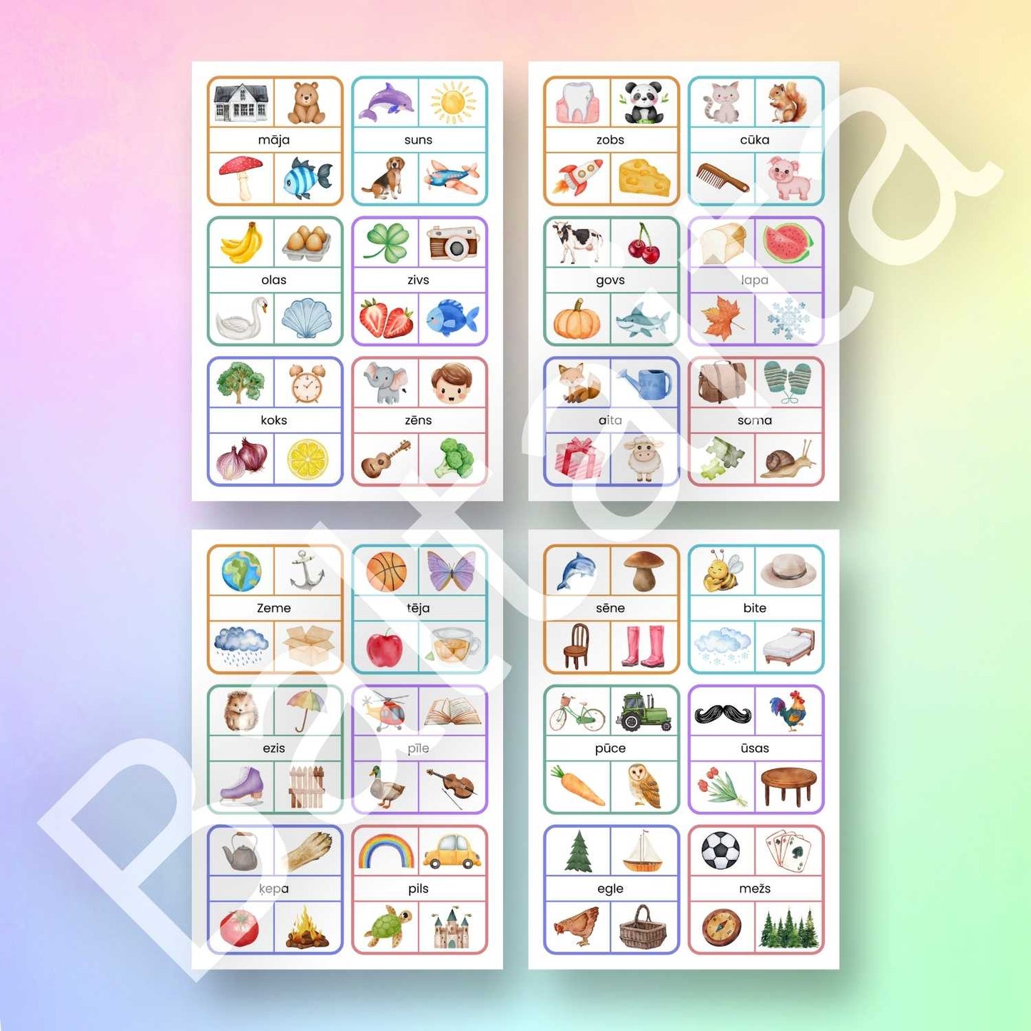 kartītes lasīšanai krāsaini attēli četru burtu vārdi baltaita