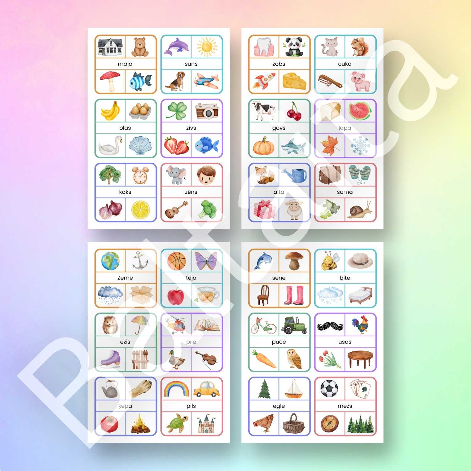 kartītes lasīšanai krāsaini attēli četru burtu vārdi baltaita