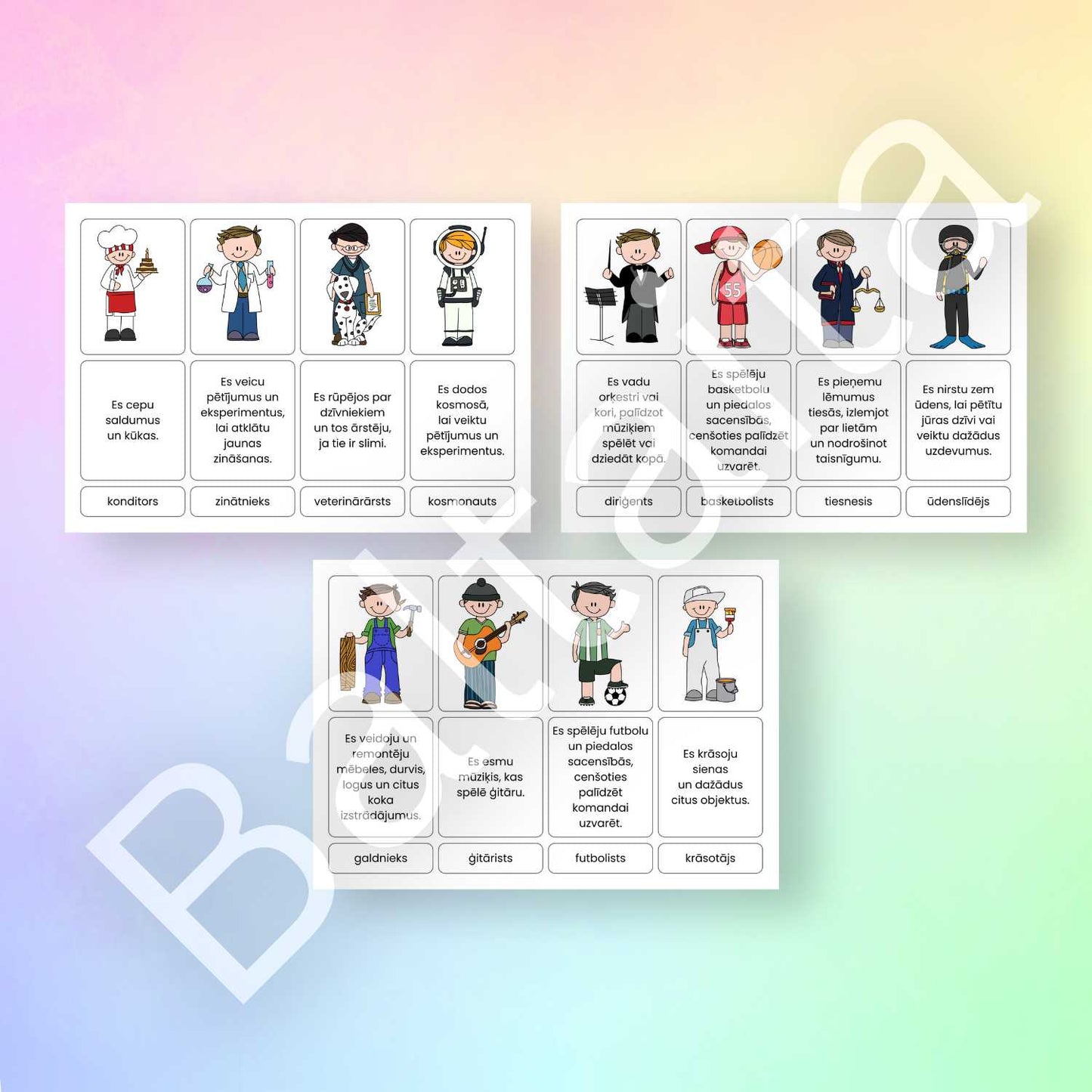 krāsainas kartītes ar profesiju attēliem, to nosaukumiem un aprakstiem baltaita