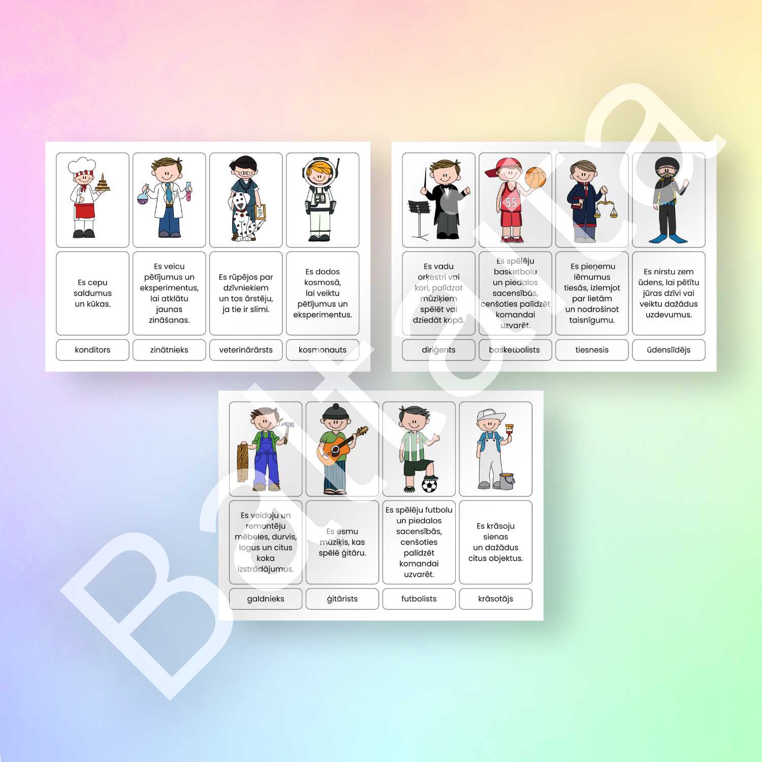 krāsainas kartītes ar profesiju attēliem, to nosaukumiem un aprakstiem baltaita