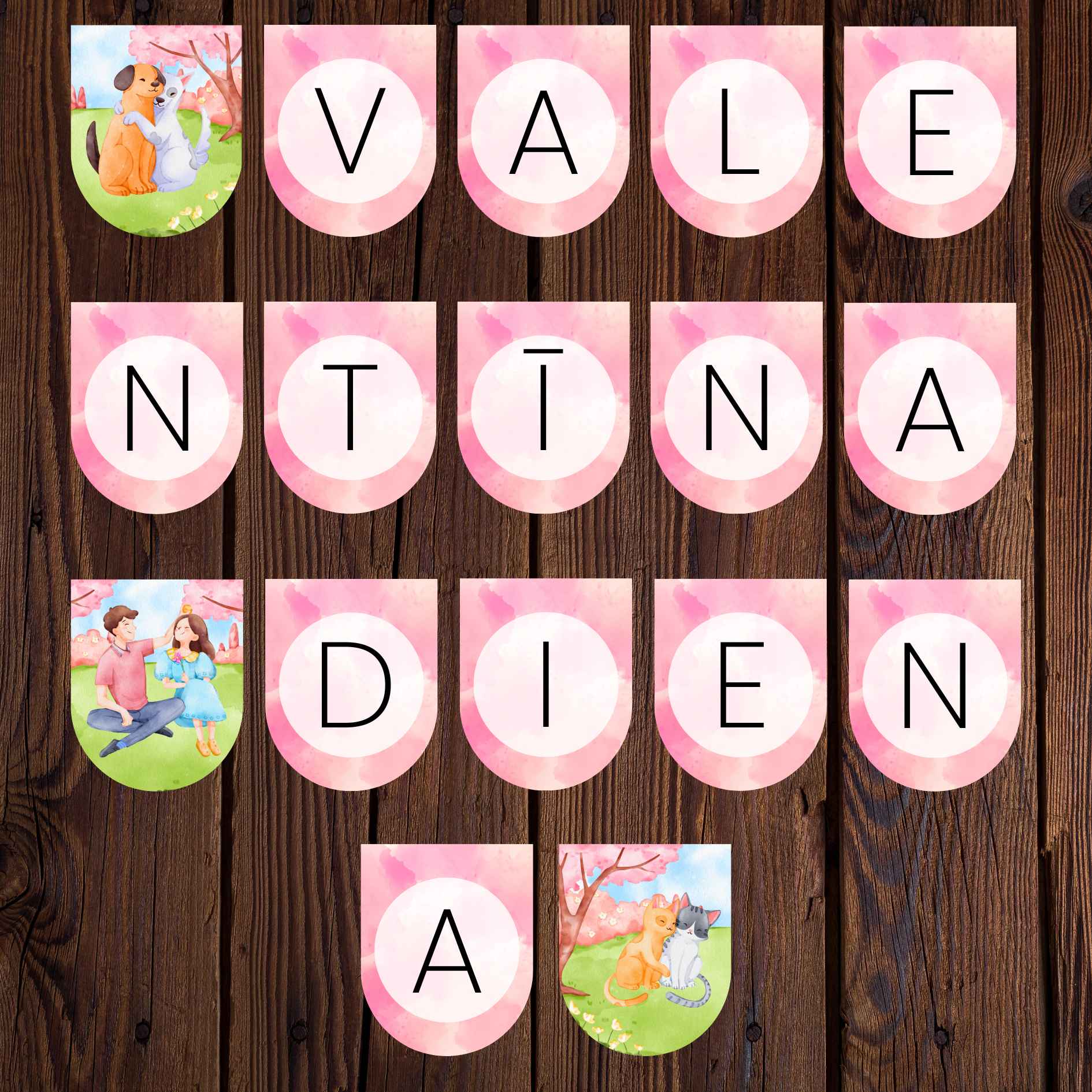 krāsaini karodziņi valentīndienai telpu noformējums