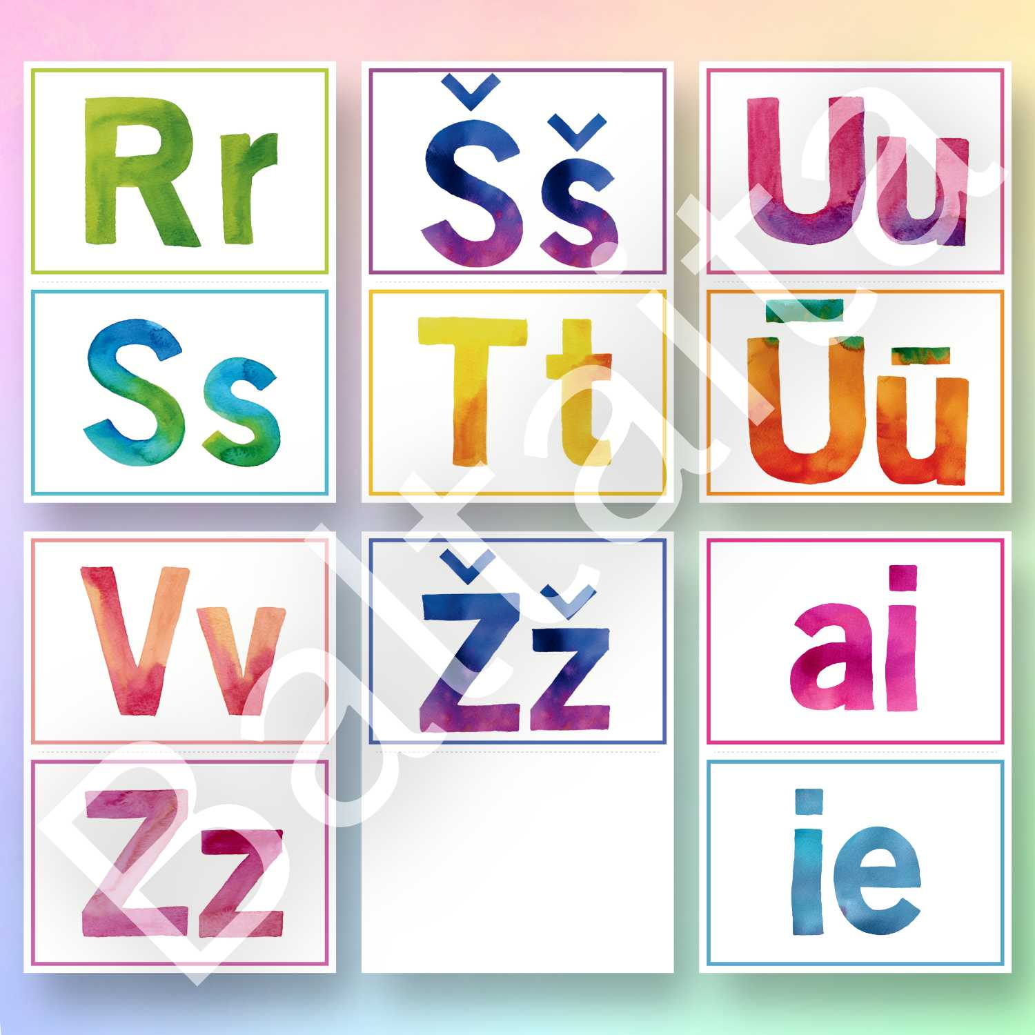 krāsaini burtu plakāti alfabēts baltaita