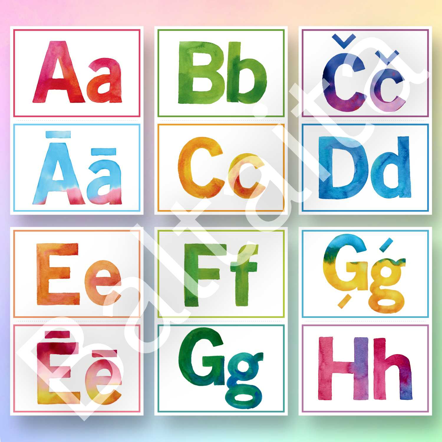 krāsaini plakāti ar alfabēta burtiem baltaita