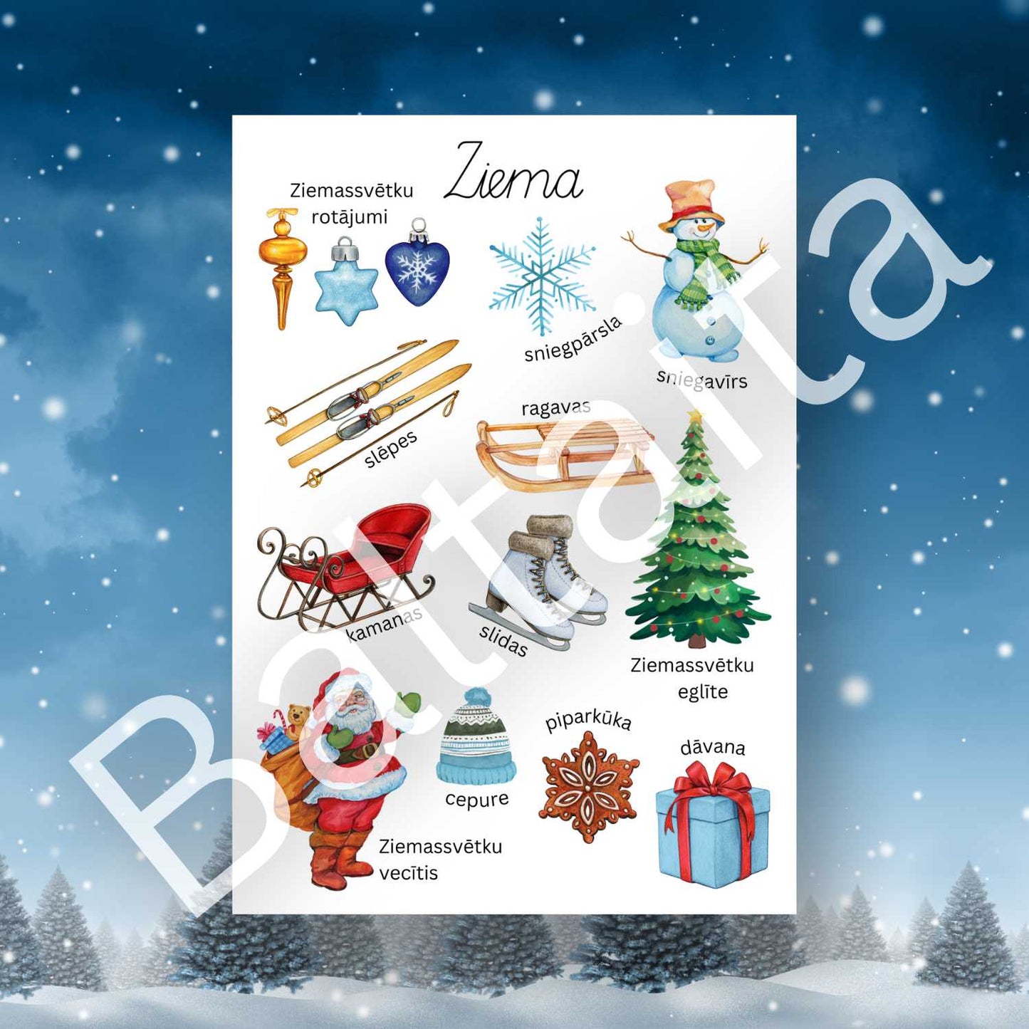 plakāts par ziemu krāsaini zīmējumi Ziema baltaita