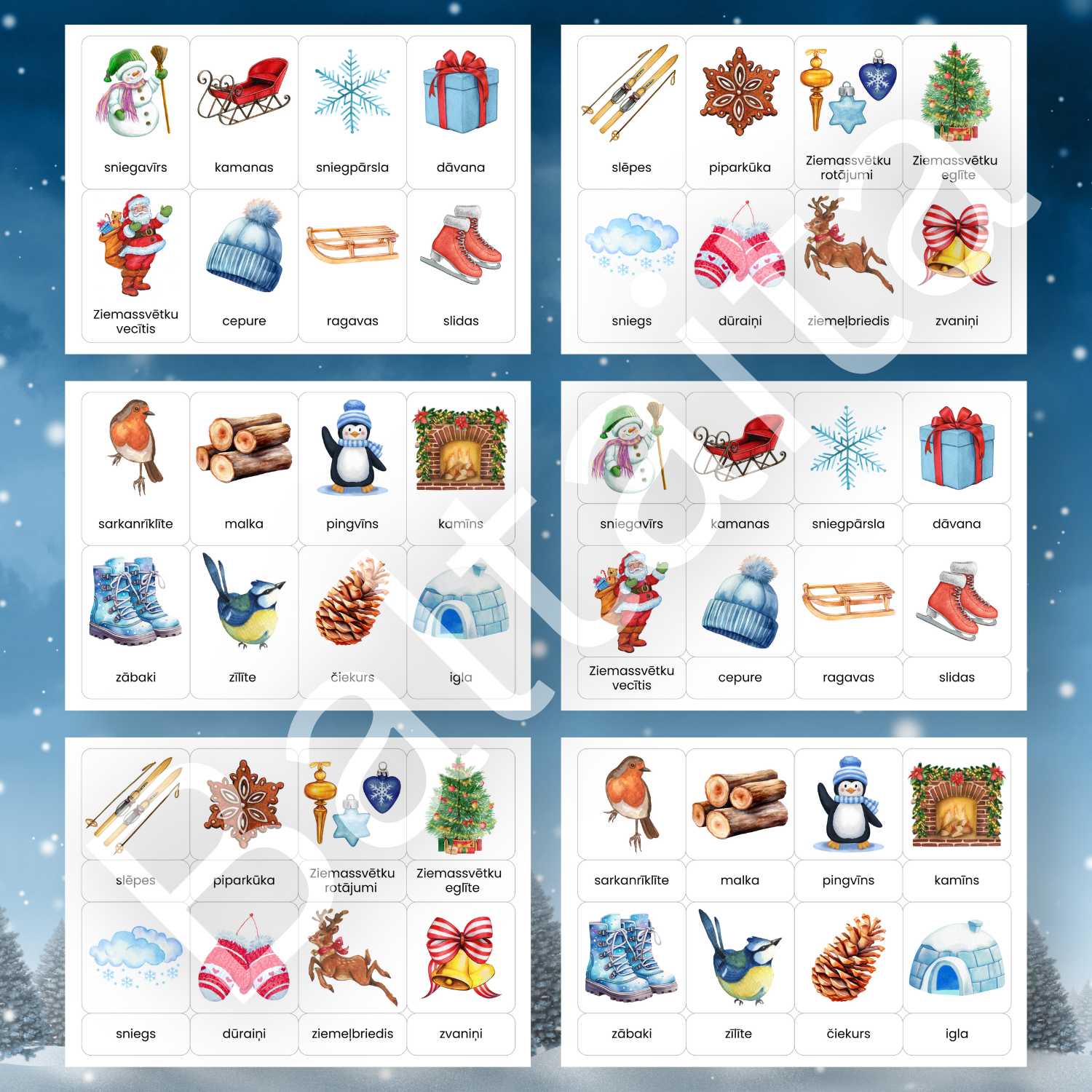rādāmās kartītes par ziemu krāsaini attēli baltaita Ziemassvētku kartītes
