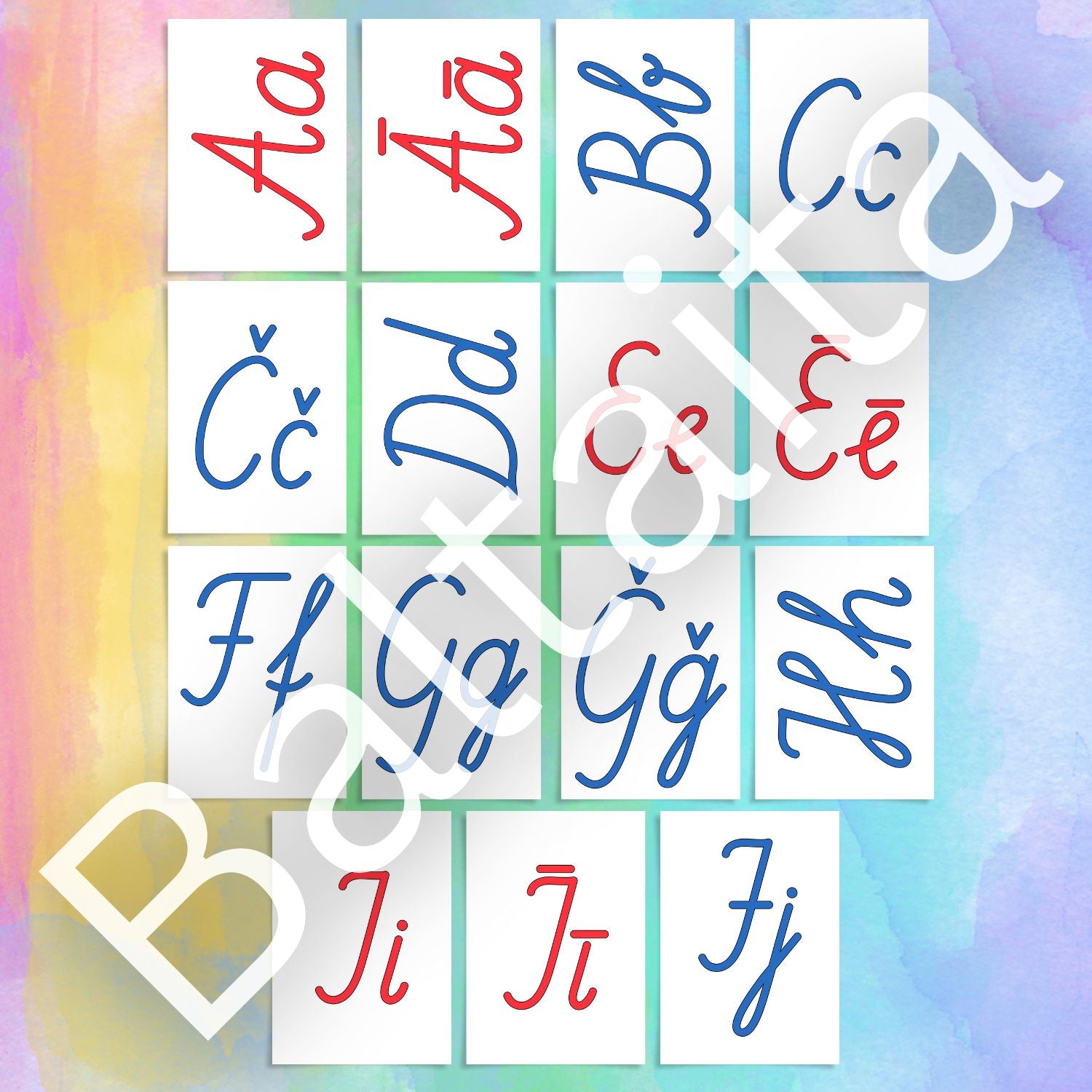 rakstīto burtu plakāti patskaņi un līdzskaņi baltaita.lv zili un sarkani burti