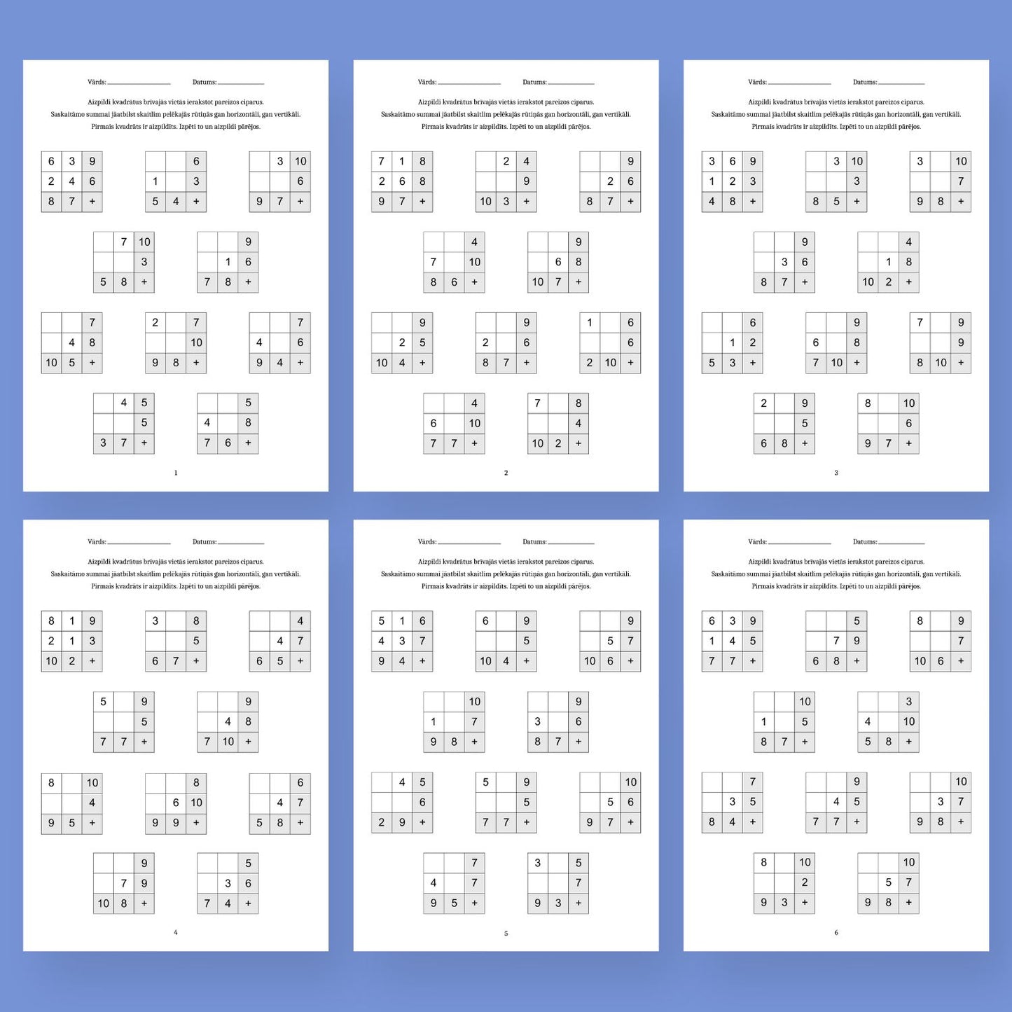 saskaitīšanas darba lapas līdz 10 saskaitīšanas kvadrāti
