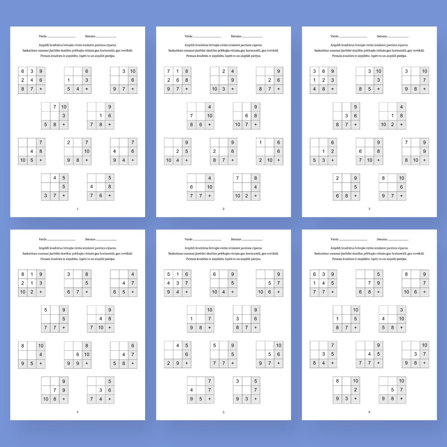 saskaitīšanas darba lapas līdz 10 saskaitīšanas kvadrāti