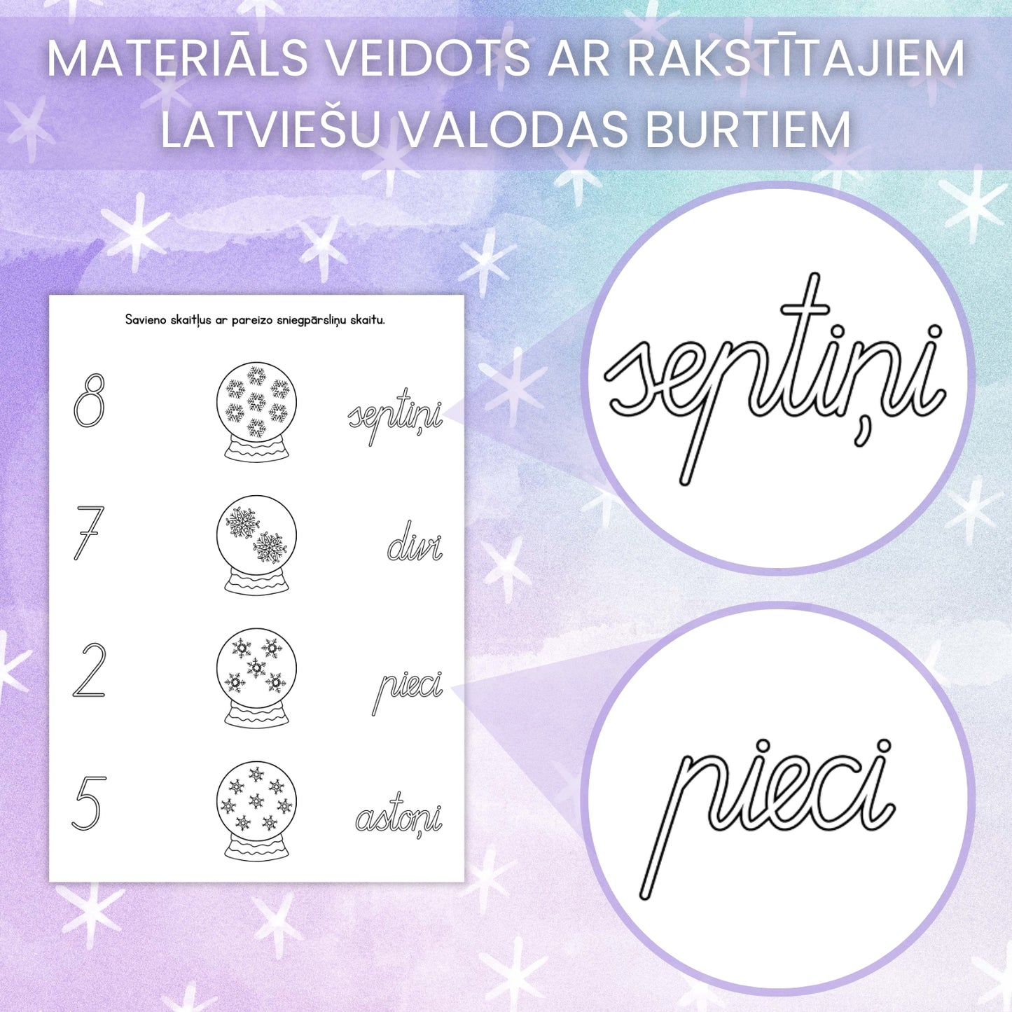 sniegpārsliņu darba lapas ar rakstītajiem burtiem