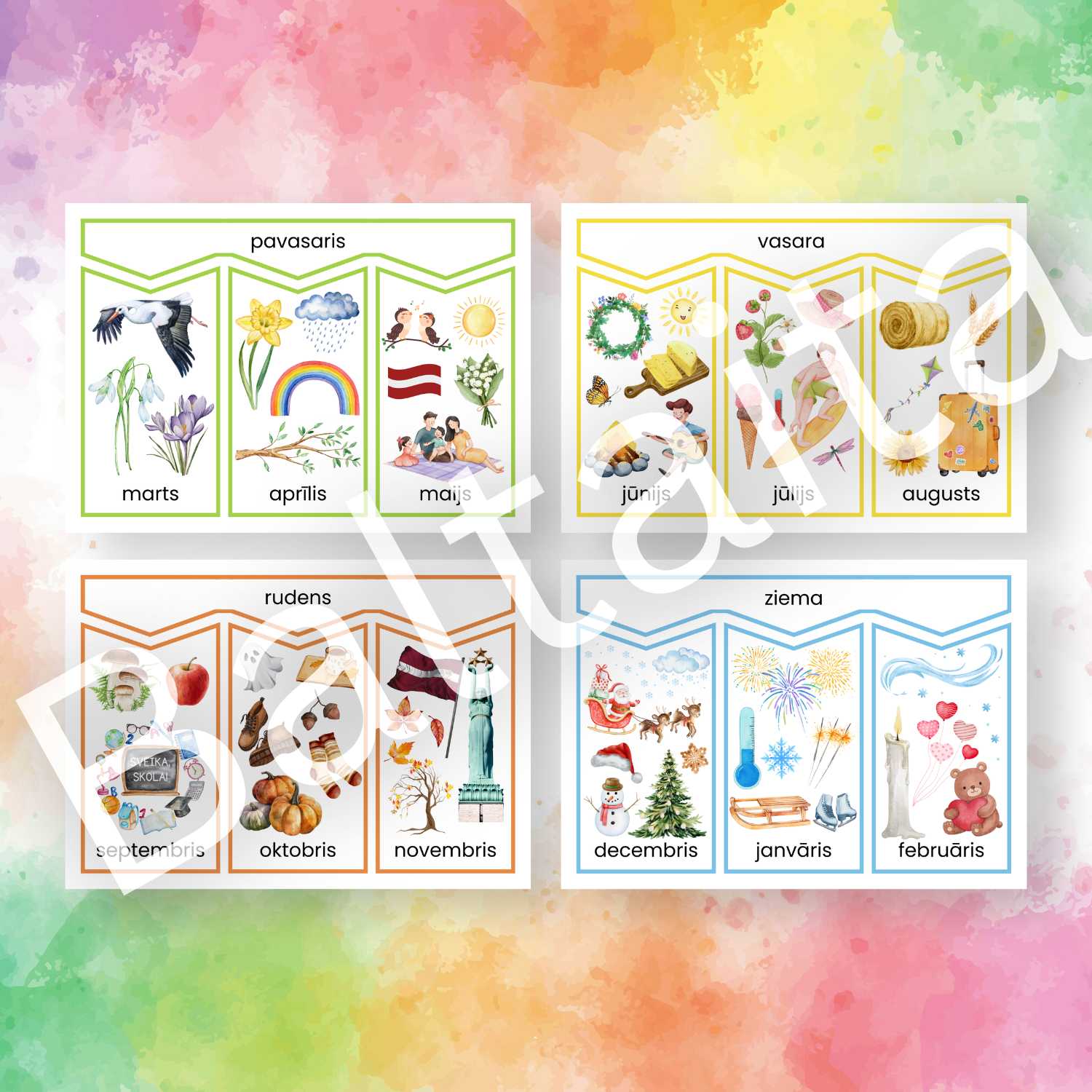 spēle par mēnešiem un gadalaikiem mēneši un gadalaiki krāsaini attēli baltaita