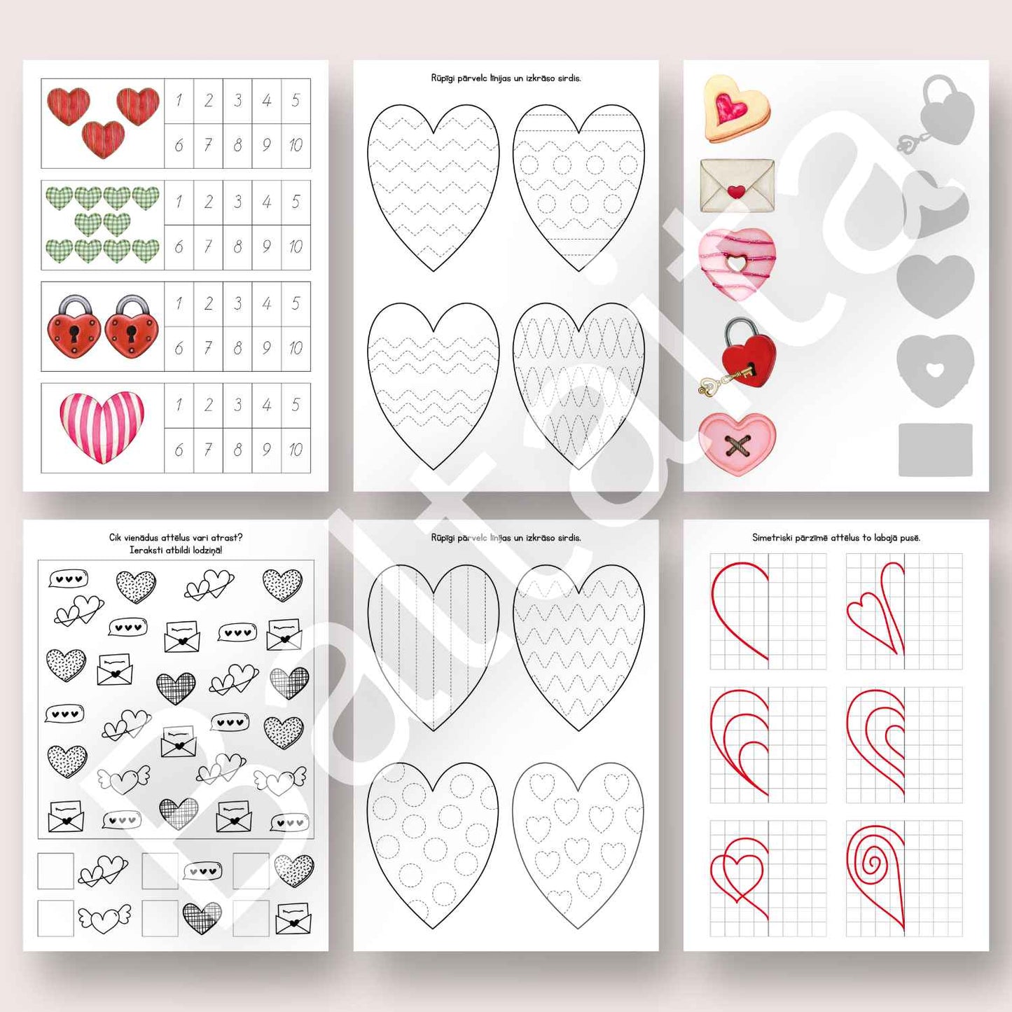 valentīndienas darba lapas ar skaitīšanas un pārvilkšanas uzdevumiem