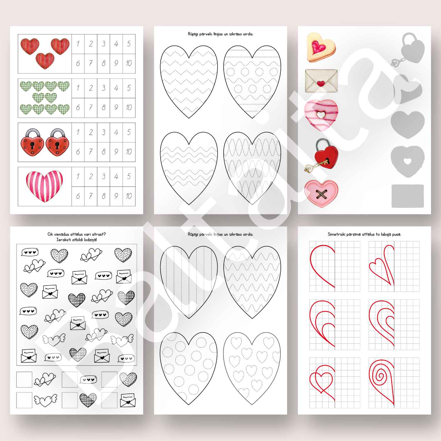 valentīndienas darba lapas ar skaitīšanas un pārvilkšanas uzdevumiem